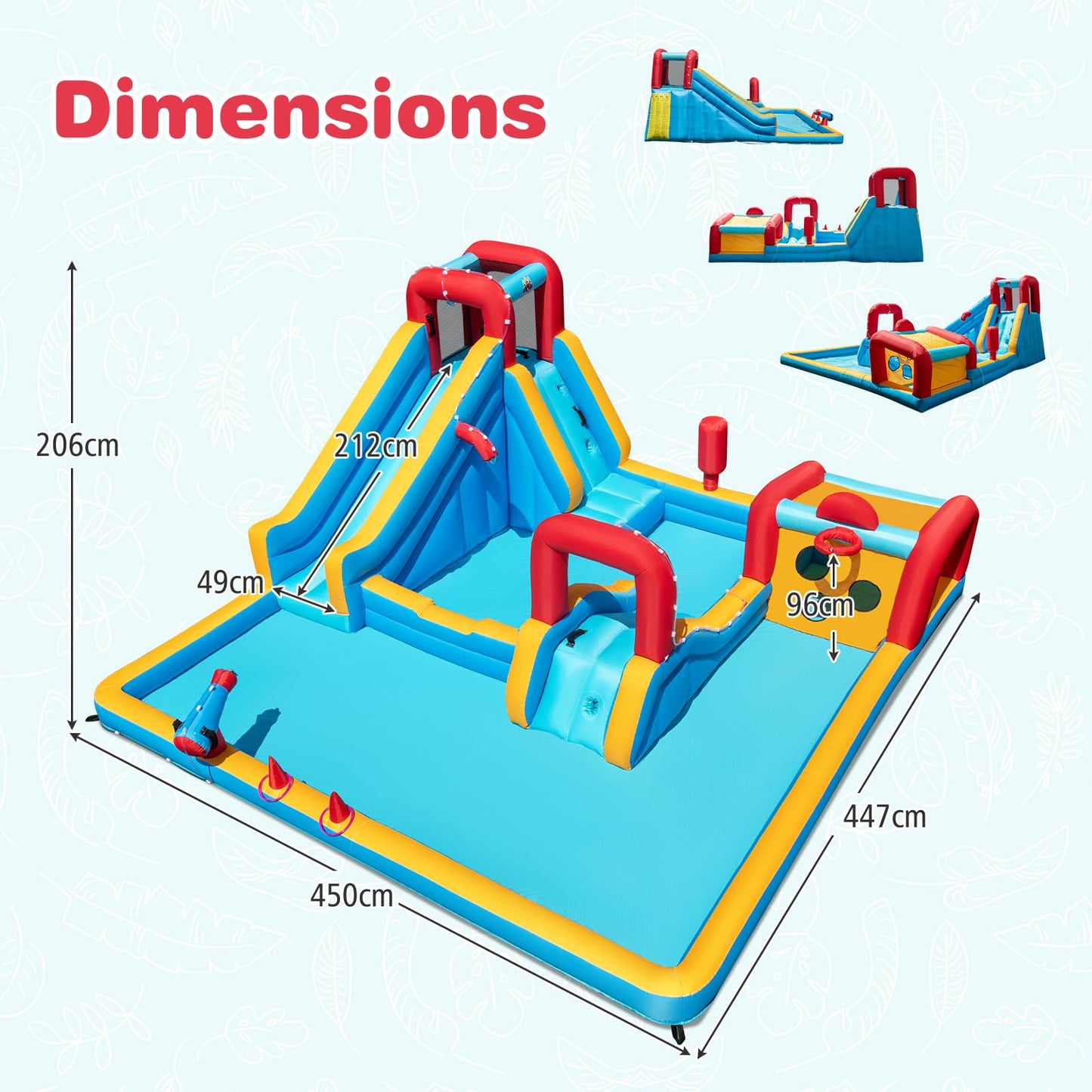 COSTWAY Inflatable Water Park, 9 in 1 Giant Kids Bouncy Castle with Double Slides, Climbing Wall, Splash Pools, Water Cannon, Outdoor Blow Up Bounce House for 3-12 Years Old (without blower)