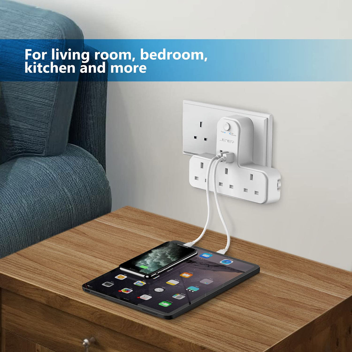 Double Plug Adaptor with 2 USB, JSVER Mini 2 Way Plugs Extension Sockets with USB Ports(5V/2.4A) Wall Charger Adapter, 13A UK 3 Pin Power Socket for Home, Office, Kitchen,White