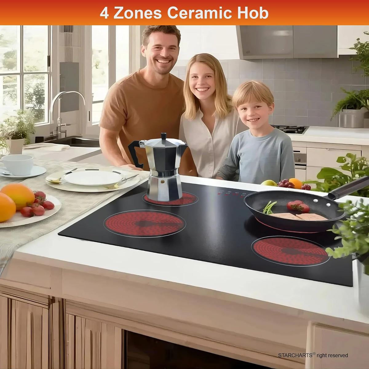 Built-in Ceramic Hob 4 Burners, STARCHARTS Electric Hob, 4 Zones Cooktops with Total Power 6000W, Timer, Child Lock, Black Glass