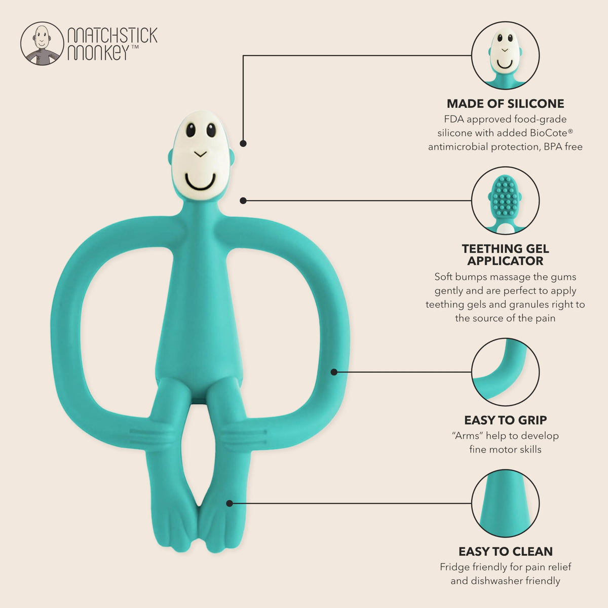 Matchstick Monkey Original Teether with Gel Applicator, Hearts