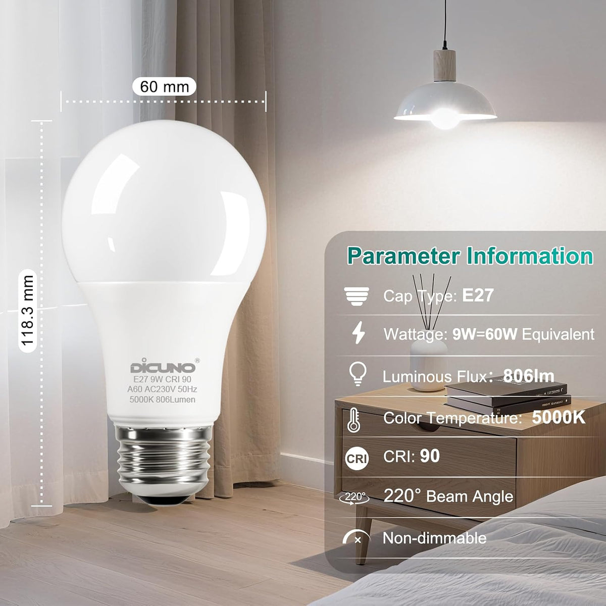 DiCUNO E27 Screw LED Bulb, 9W=60W, Daylight White 5000K, 806LM, 2Pcs
