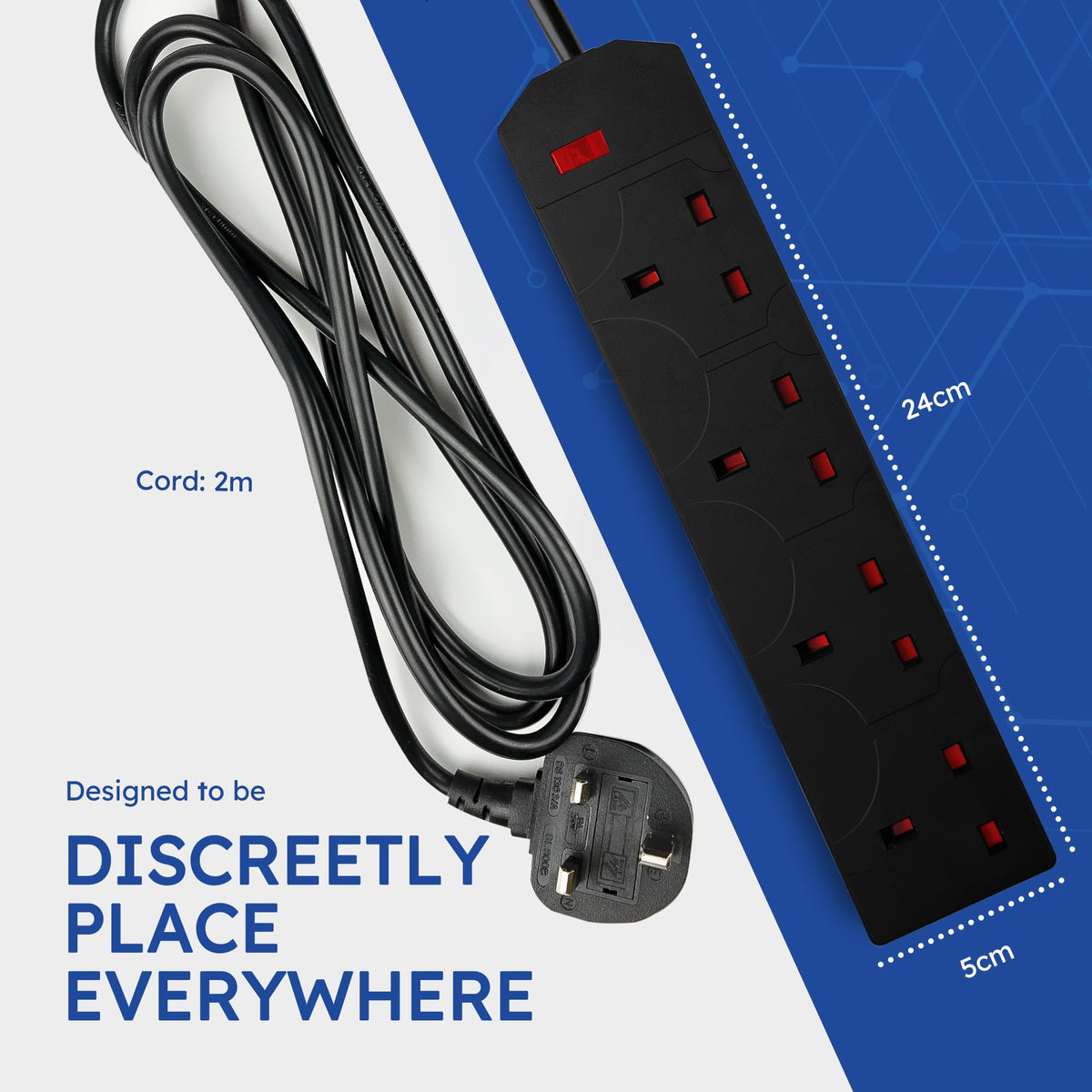 DESIRETECH Black Electric Extension Lead - 4 Gang, 1 Metre Cable with UK Plug & 3 Pin Socket - Wall Mountable & Multi Socket Mains Strip for Home, Bedroom, Kitchen, & Office (1 Pack)