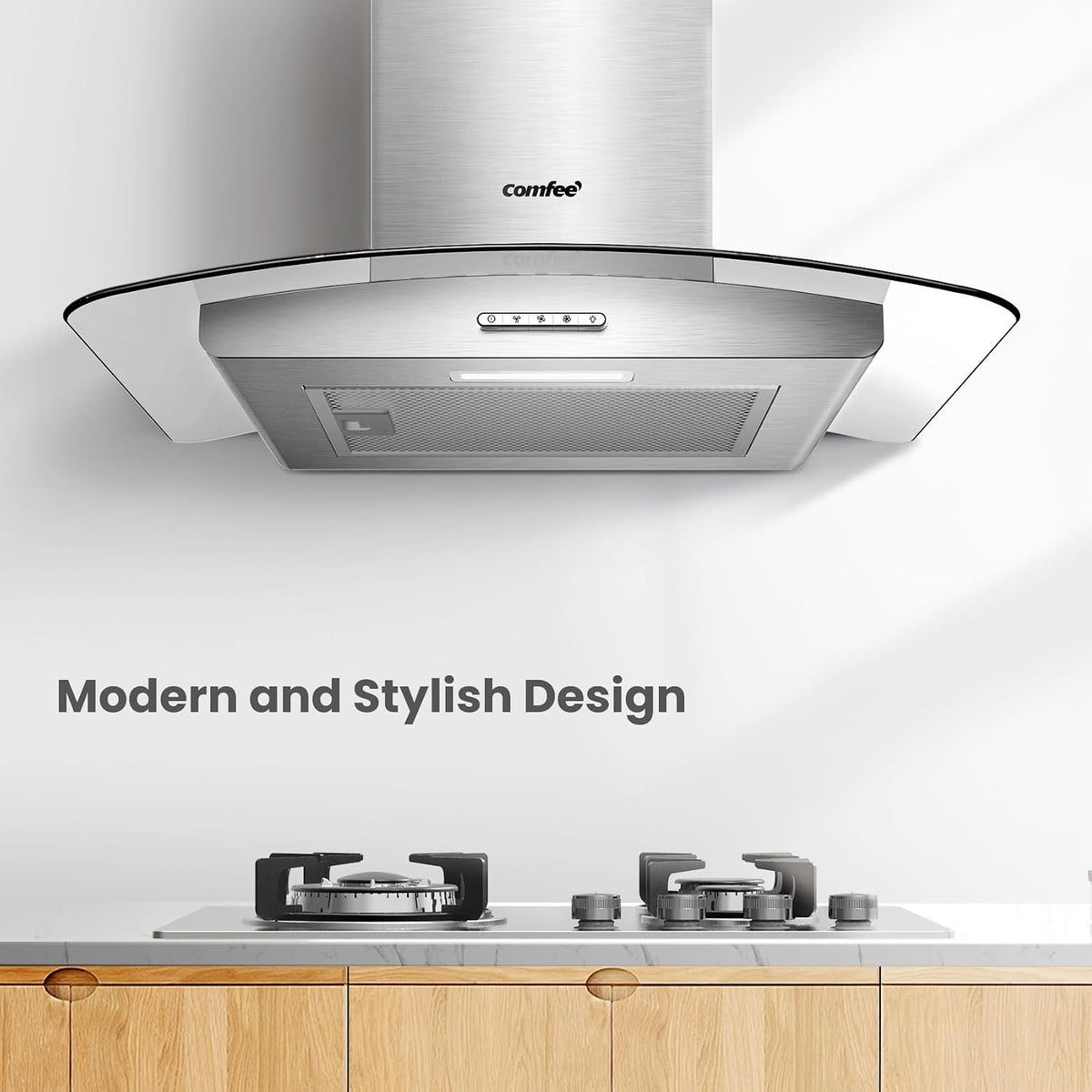 COMFEE' 60cm Cooker Hood, Glass Extractor Hood, Stainless Steel