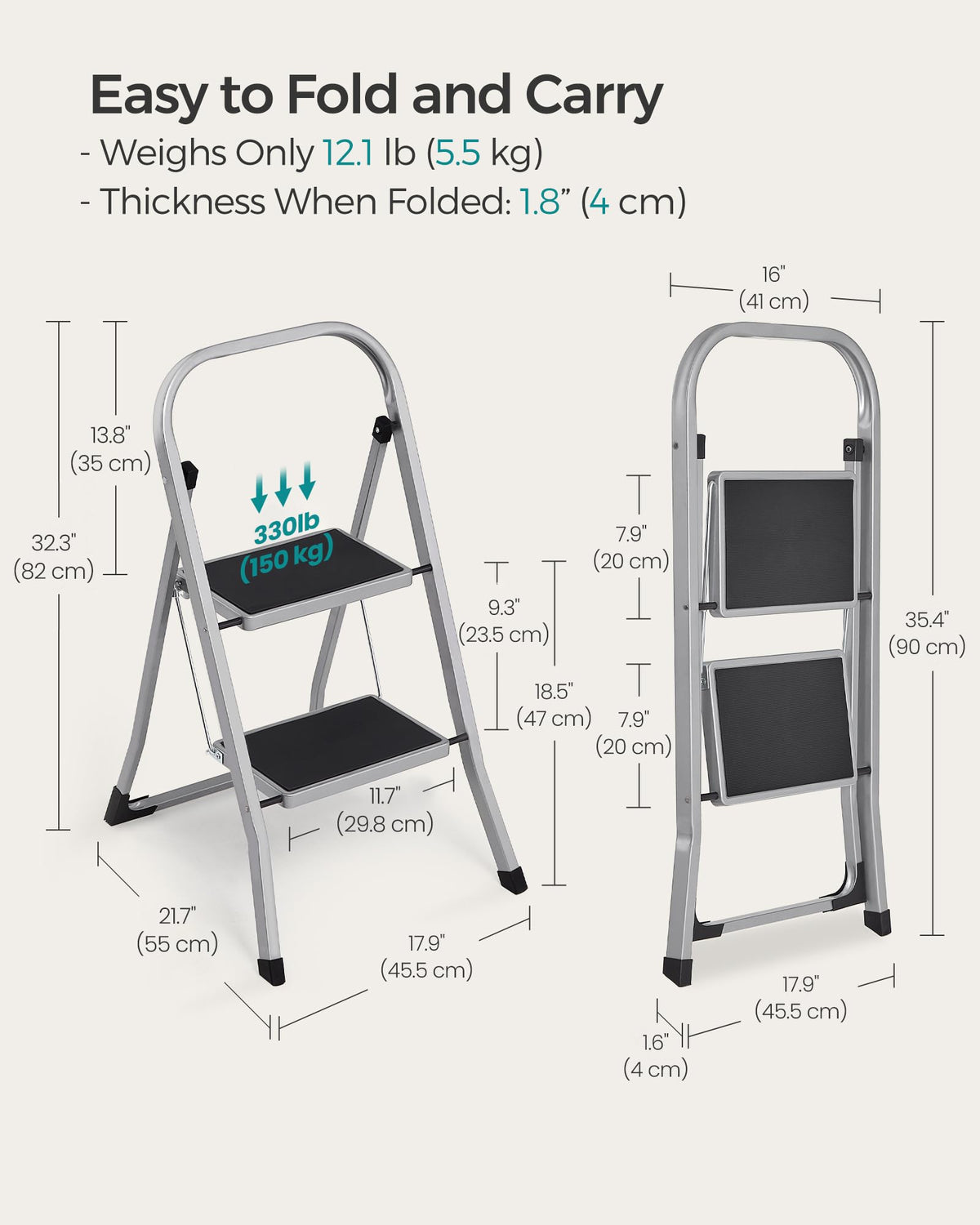 SONGMICS 2-Step Ladder, Folding Step Ladder, Safety, Holds up to 150KG