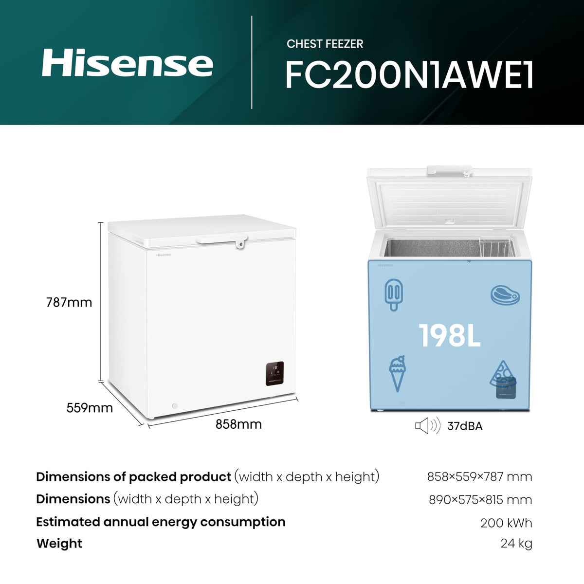 Hisense FC386D4AWLE 297Litres Freestanding Chest Freezer, 4 Star Freezer Rating, E Rated in White