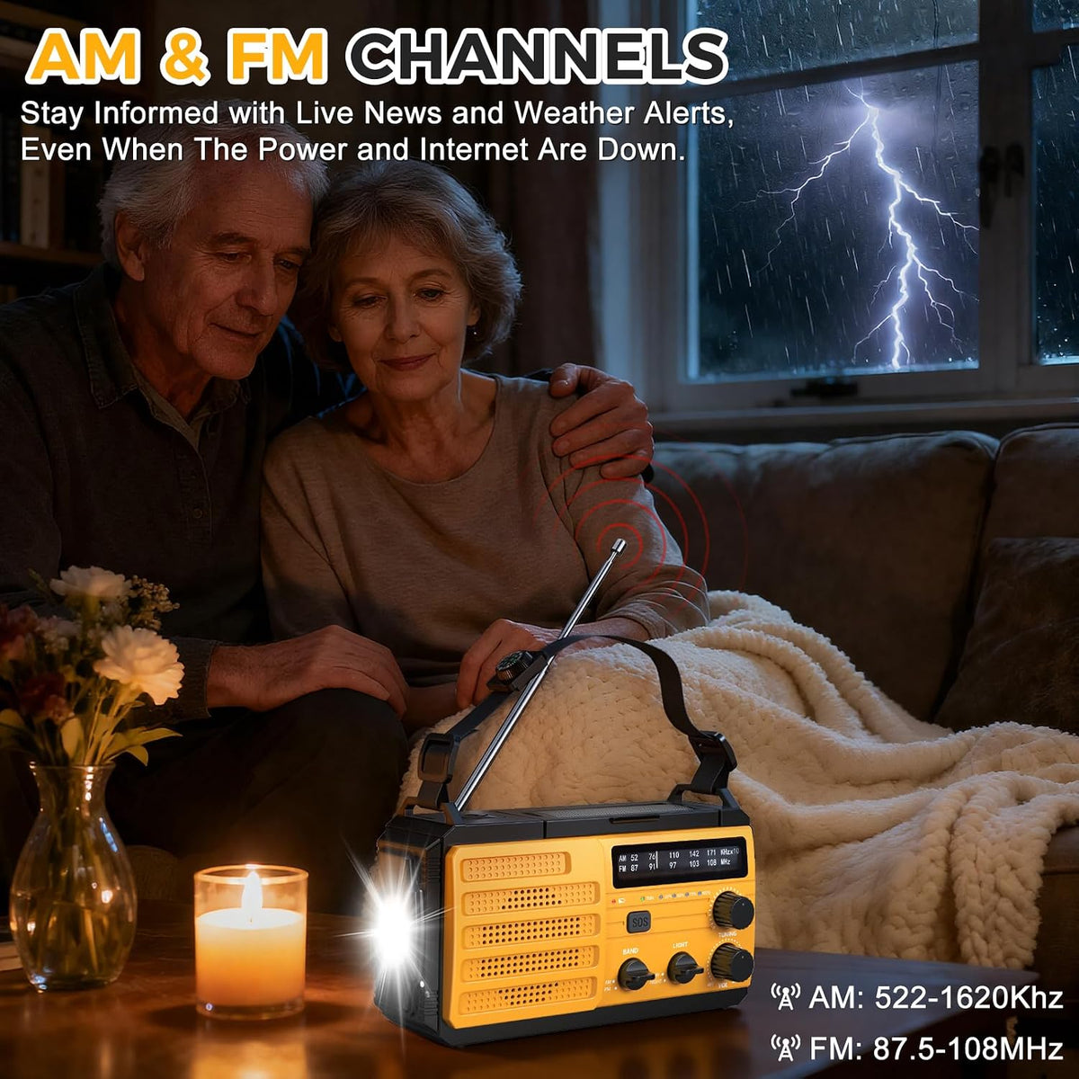 8000mAh Emergency Wind Up Radio, Hand Crank Solar, AM/FM Radio with 3-Mode Flashlight, 2-Mode Reading Lamp, SOS Alarm with USB Phone Charger for Emergency Outdoor