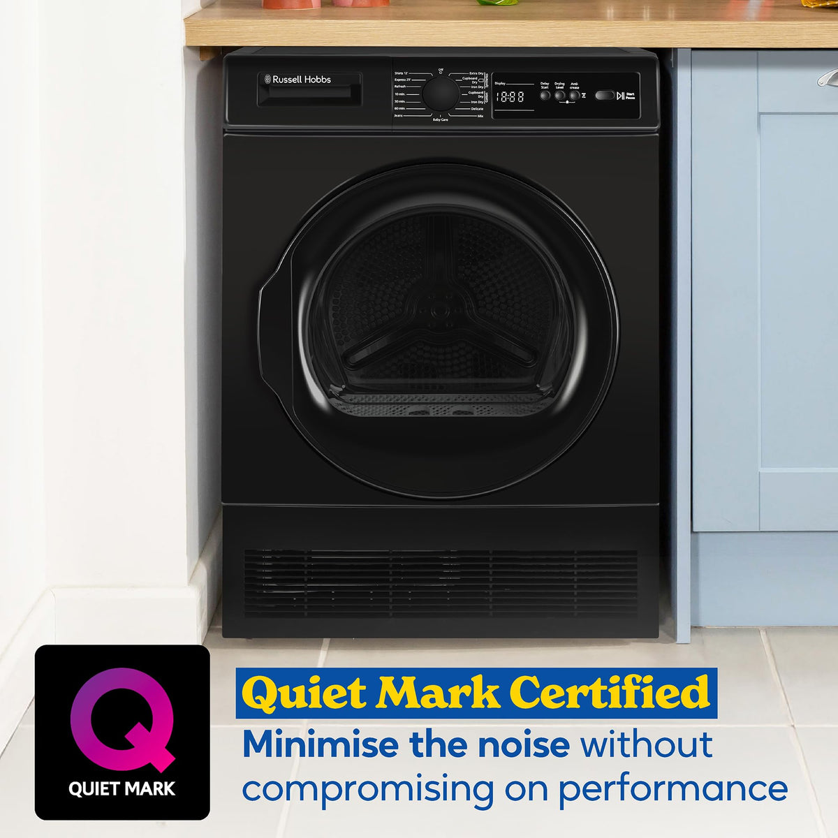 Russell Hobbs Freestanding Condenser Dryer Electric Tumble Dryer 15 Programmes 8kg Capacity 3 Heat Settings LED Display DelayStart Anti-Crease Child Lock Black Clothes Dryer RH8CTD111B
