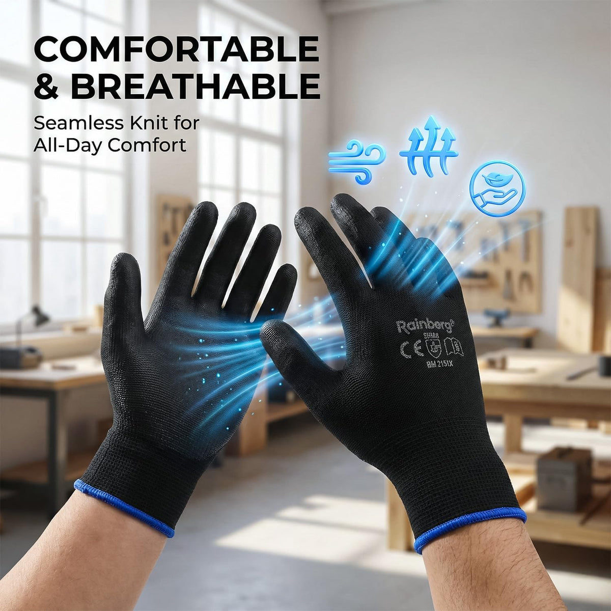 Rainberg Pack of 12 or 24 Safety Gloves, Work Gloves, with Secure Grip on Palm & Fingers, PU and Nylon Non-Slip Gloves, Ideal for General Duty Work, Gardening. (Pack of 12 Pair's, Medium)