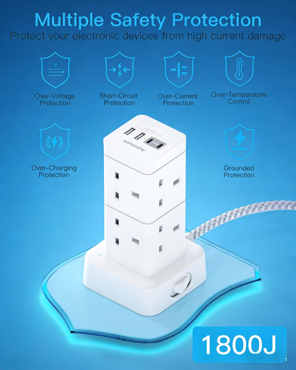 5M Extra Long Tower Extension Lead with 2 USB C, 8 Way Outlets Power Strip