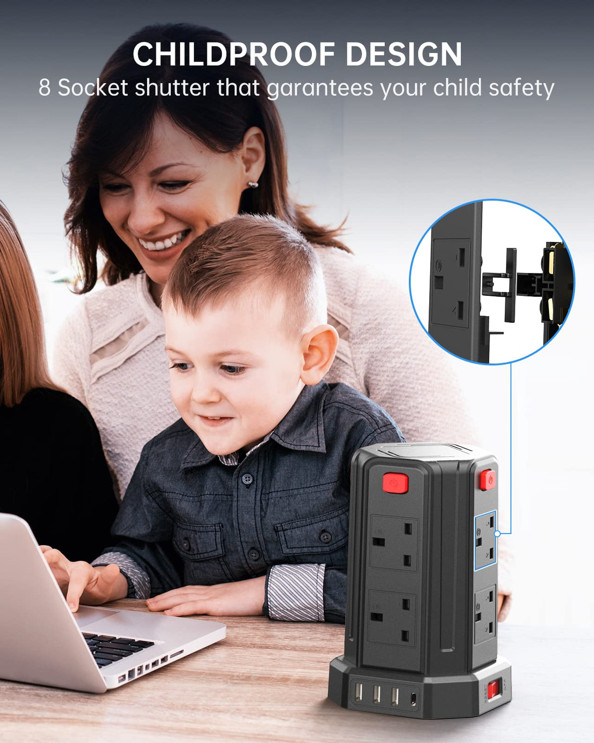 Tower Extension Lead 3M, 8 AC Outlets and 4 USB Ports Extension Tower