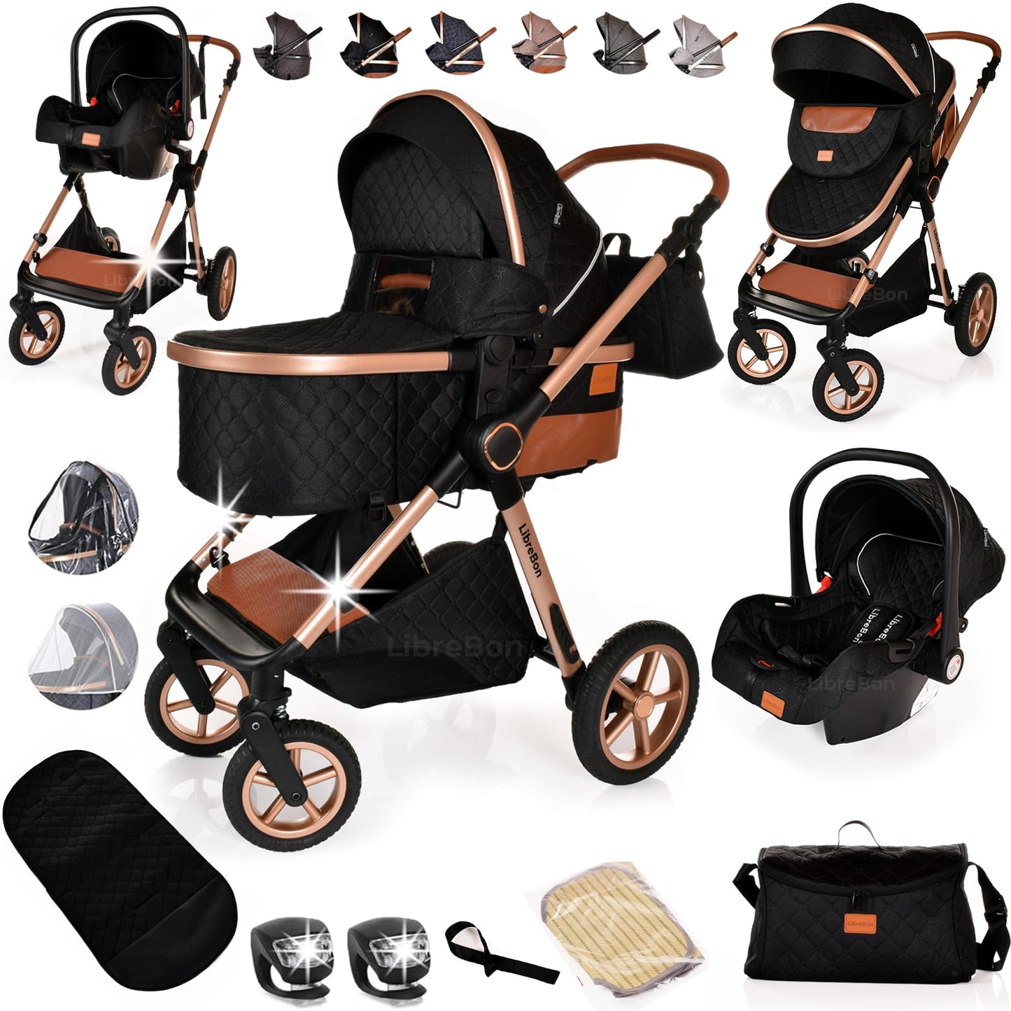Baby Buggy Pram Pushchair Stroller 3 in 1 Child Lightweight Folding Stroller 3 in 1 Travel System Pram for Newborns & Toddlers from Birth Aluminum (Beige - Rose Gold Frame)
