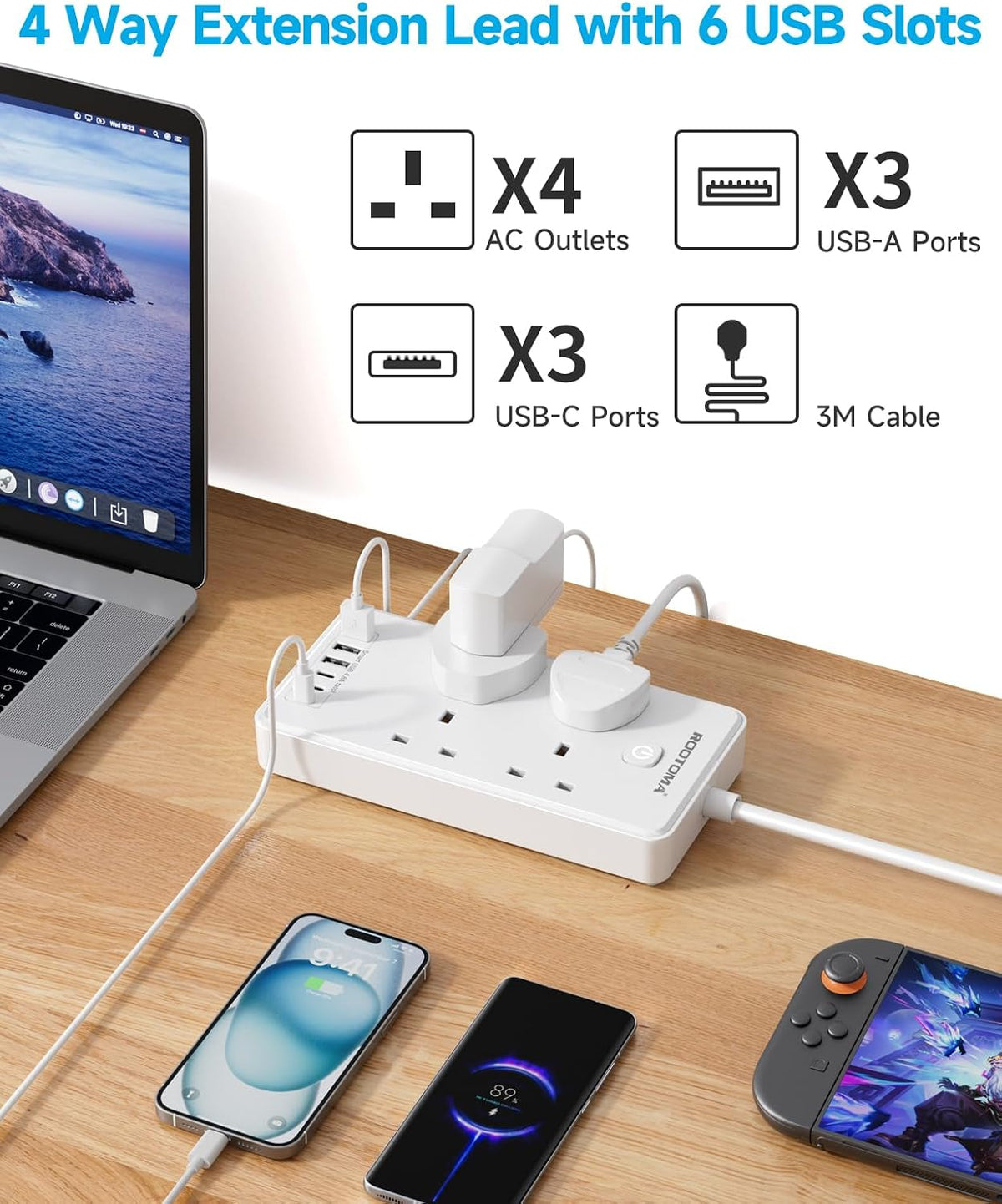 Extension Lead with 6 USB Slots (3 USB C), 4 Way Surge Protected, 3M