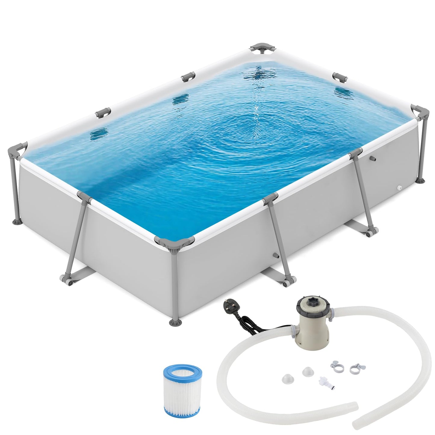 COSTWAY Above Ground Swimming Pool, Outdoor Round/Rectangular Large Framed Pool Set, Metal Frame Garden Family Pools for Kids and Adults (Gray, 300 x 207 x 66 cm, Rectangular)