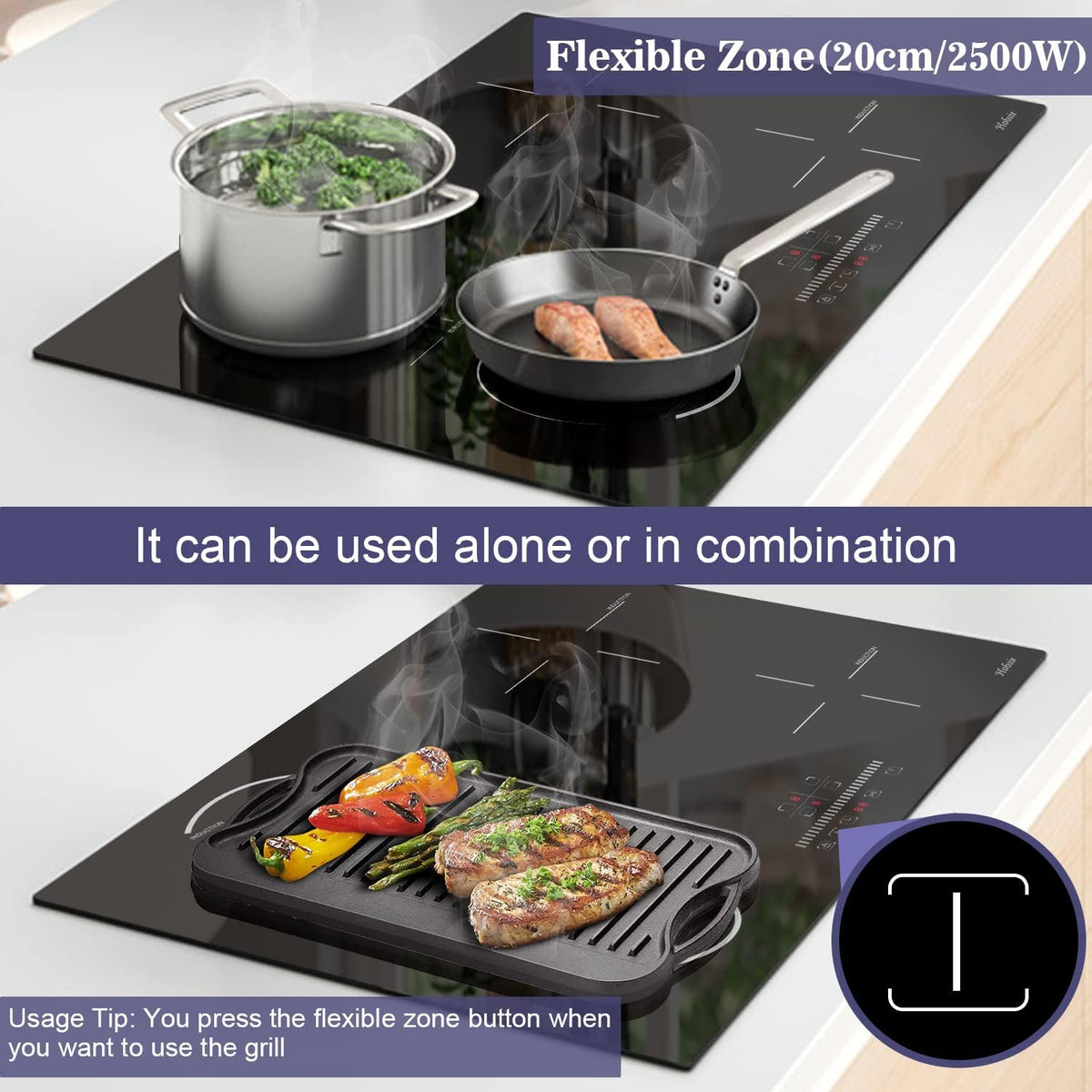 Hobsir Induction Hob with Flex Zone, Built-in Electric Hob 4 Burners 60 cm