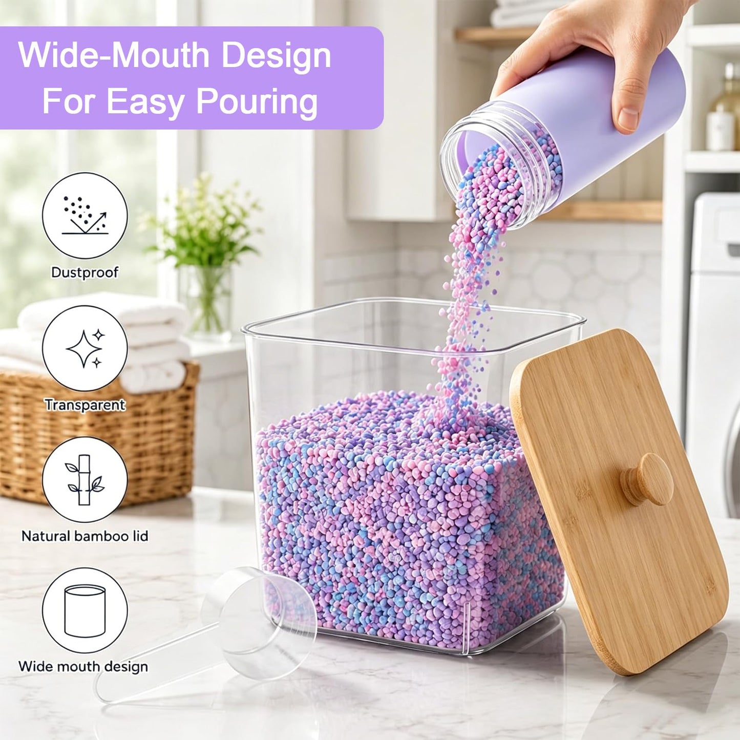 3-Pack Clear Laundry Pods Storage Container with Bamboo Lid, Labels & Scoop – Washing Pods Holder for Powder, Dishwasher Tablets, Scent Booster – Laundry, Bathroom, Kitchen Organization(Square)