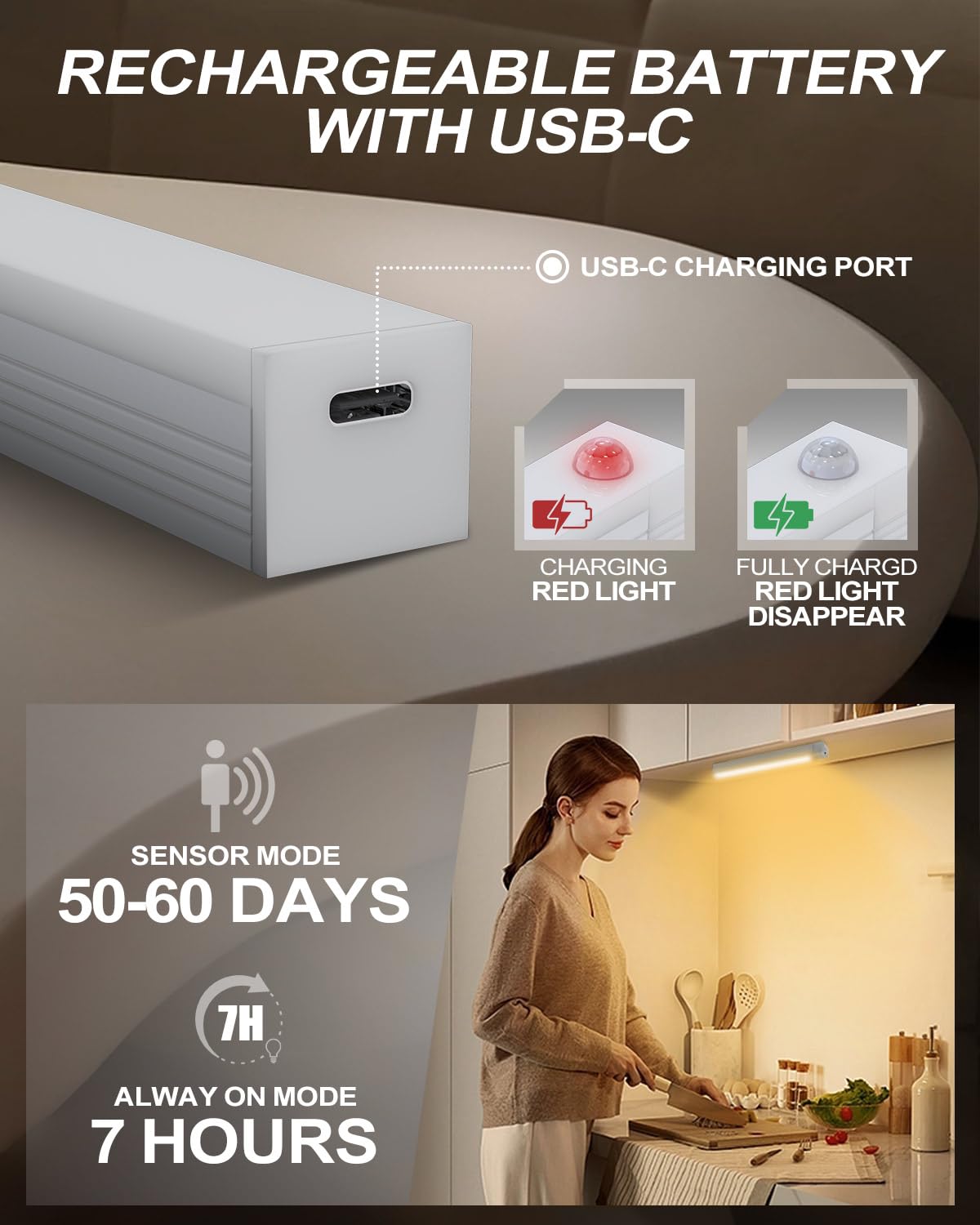 Under Cabinet Kitchen Lights 4 Pack, 4 Modes, USB Motion Sensor Cupboard Light, USB Type-C, Stepless Dimming, with Magnetic Sticker, for Kitchen Wardrobe Bedroom Stairs (Cold White)