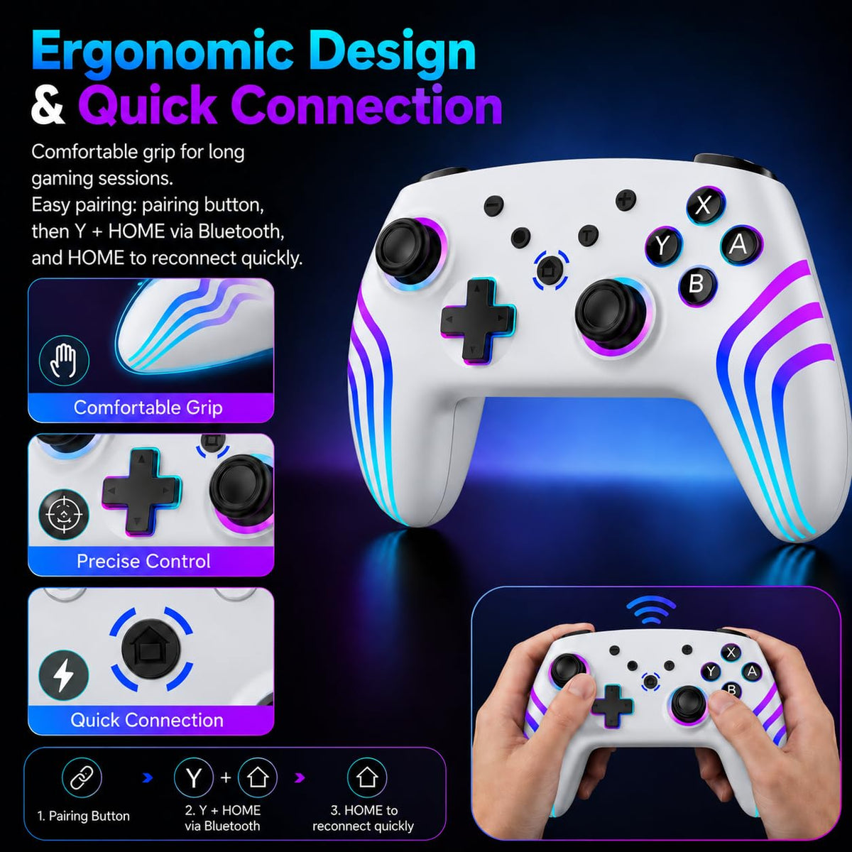 Riscvma 2pcs Controller for Switch/Switch 2/Lite/OLED/PC, Wireless Controller for Switch with 7 Color Changing RGB Lighting/Dual Vibration/6 Axis Gyroscope/Turbo, Ergonomic Precise Joystick