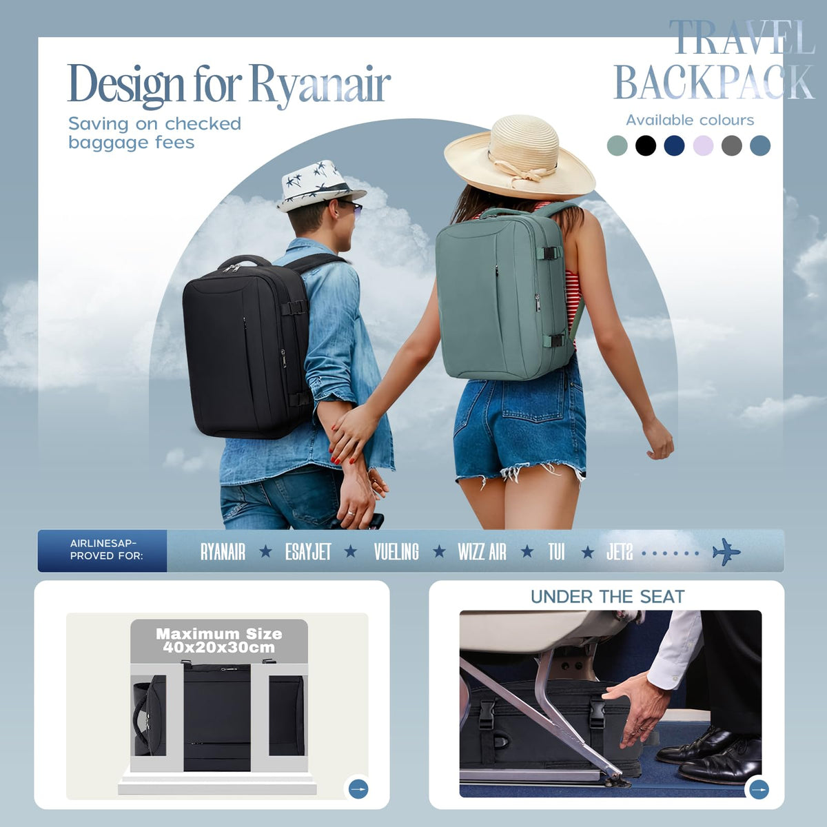 Xkdoai for Ryanair Cabin Bags 40x30x20,Backpack with TSA Approved Clear Bag