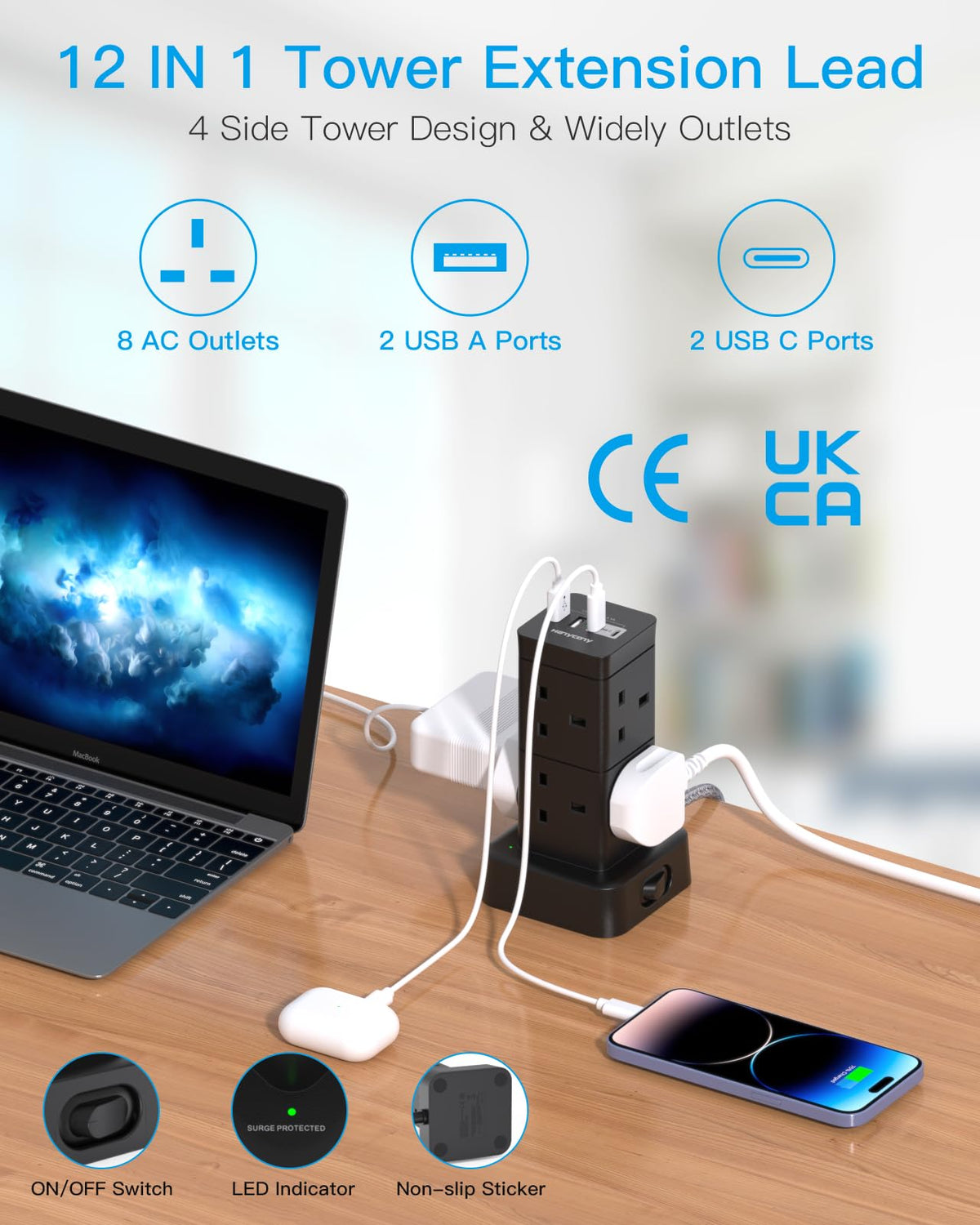5M Extra Long Tower Extension Lead with 2 USB C, 8 Way Outlets Power Strip