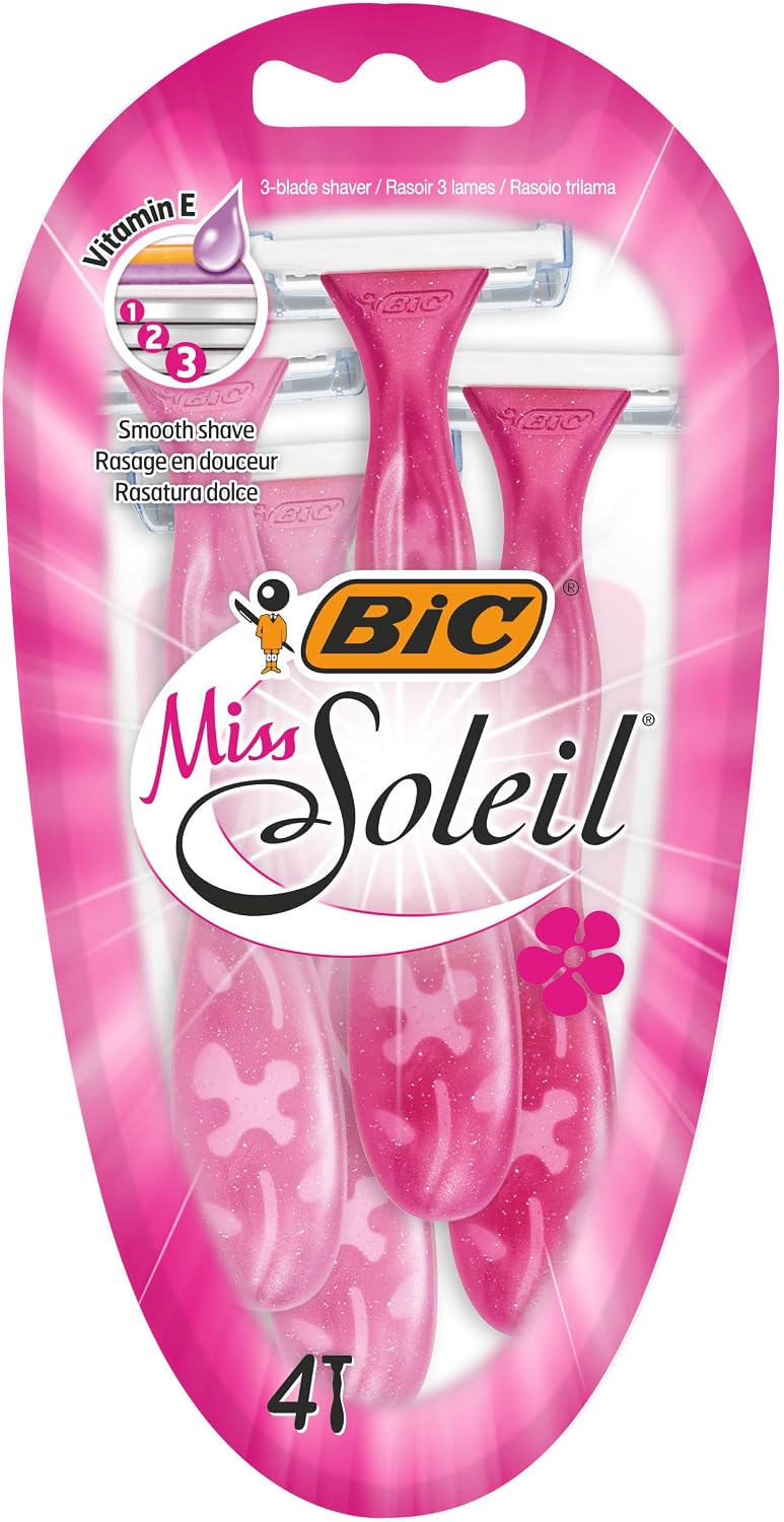 BIC Miss Soleil Disposable Razors for Women, 3 Blade, Pink Handle, Pack 4