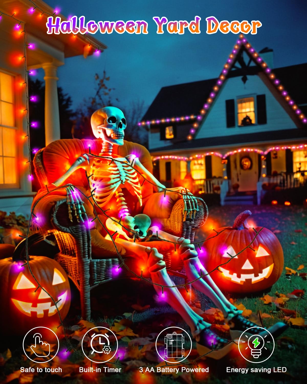 Dalugo Halloween Decoration Lights, 5M 50 LED Orange Purple White Fairy Lights with Timer, IP65 Waterproof Battery Powered Lights for Indoor Outdoor Autumn Halloween Decorations(Green Wire)
