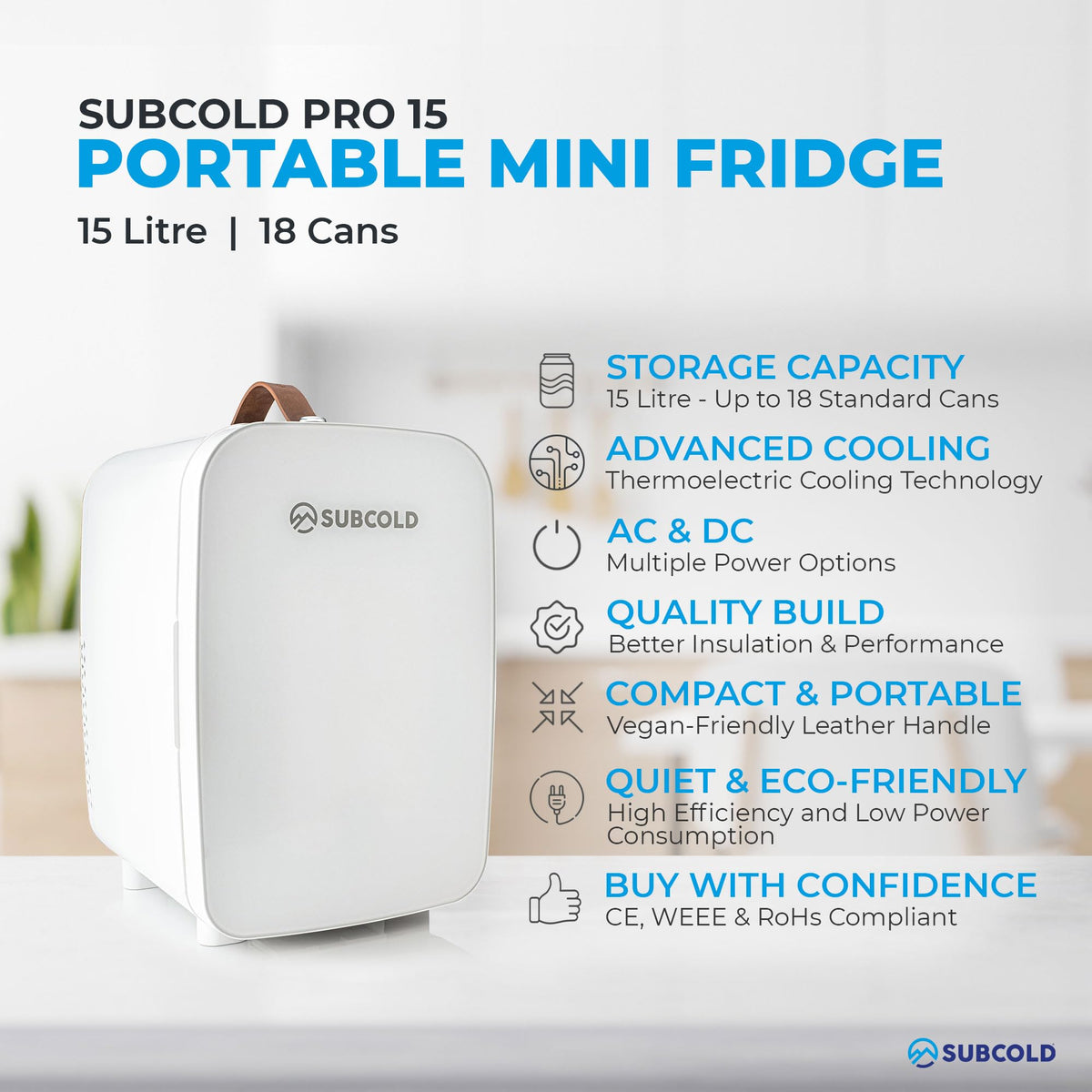 Subcold Pro4 Mini Fridge 4L, Quiet Small Fridge for Bedroom, AC & USB