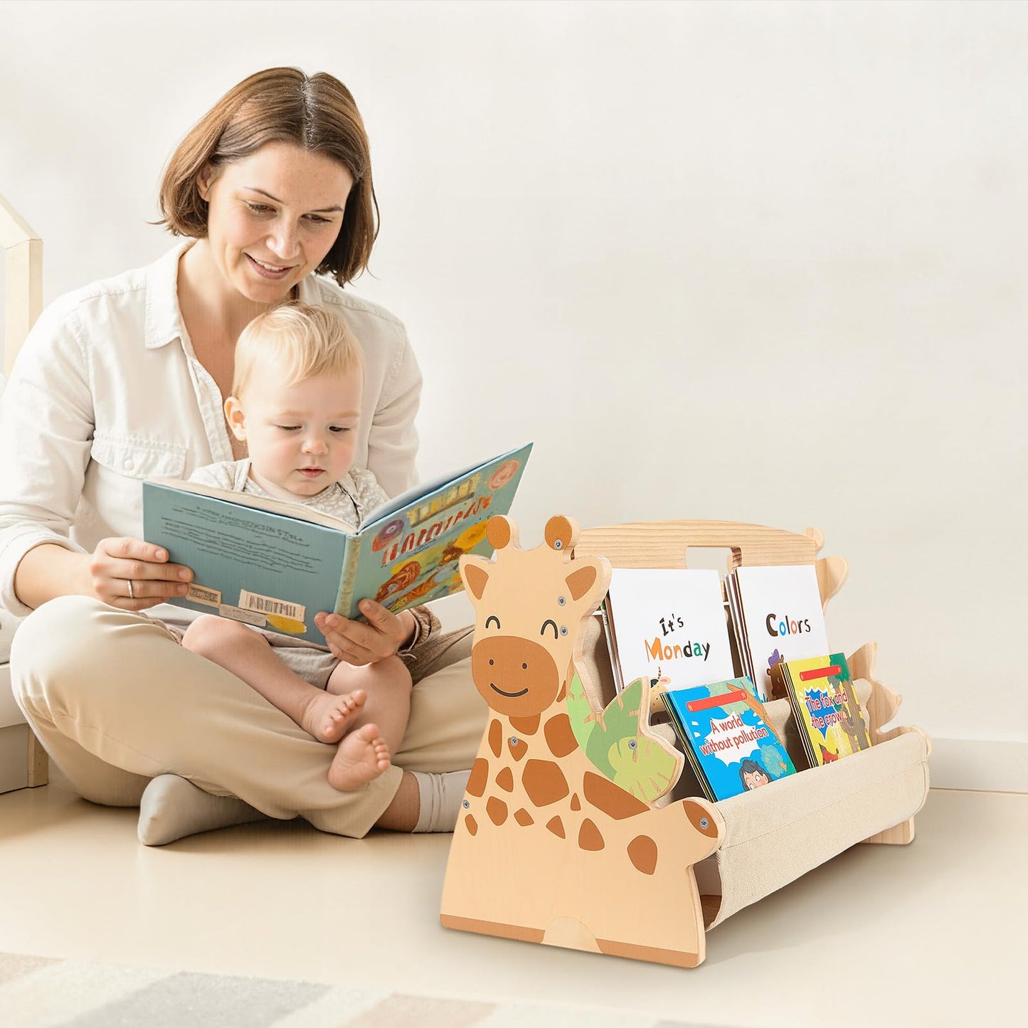 MHJY Kids Bookshelf – Wooden Double-Sided Sling Book Rack with Canvas Storage, Toddler Bookcase for Nursery, Bedroom, Playroom – Montessori Style Children’s Book Organiser