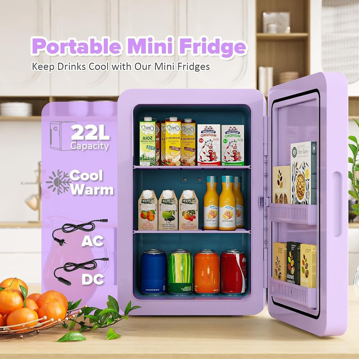 Mini Fridge 22L/30 Cans, Cooler & Warmer for Bedroom, AC & 12V DC