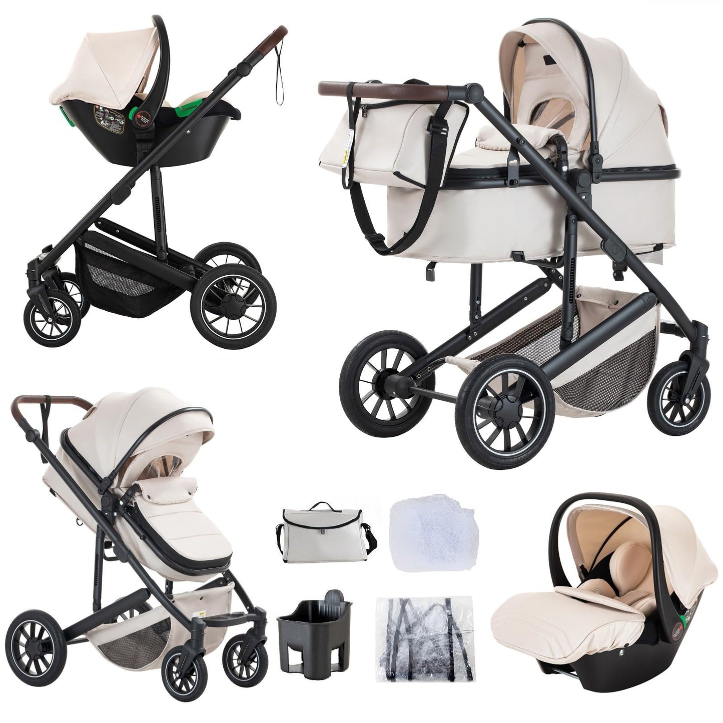 Baby Stroller 3 in 1,Travel Pushchair's Lie-Flat Pram is Foldable, Stroller System Handle is Adjustable, The Wheels are Made of PU Material, Suitable for 0-3 Years-Khaki