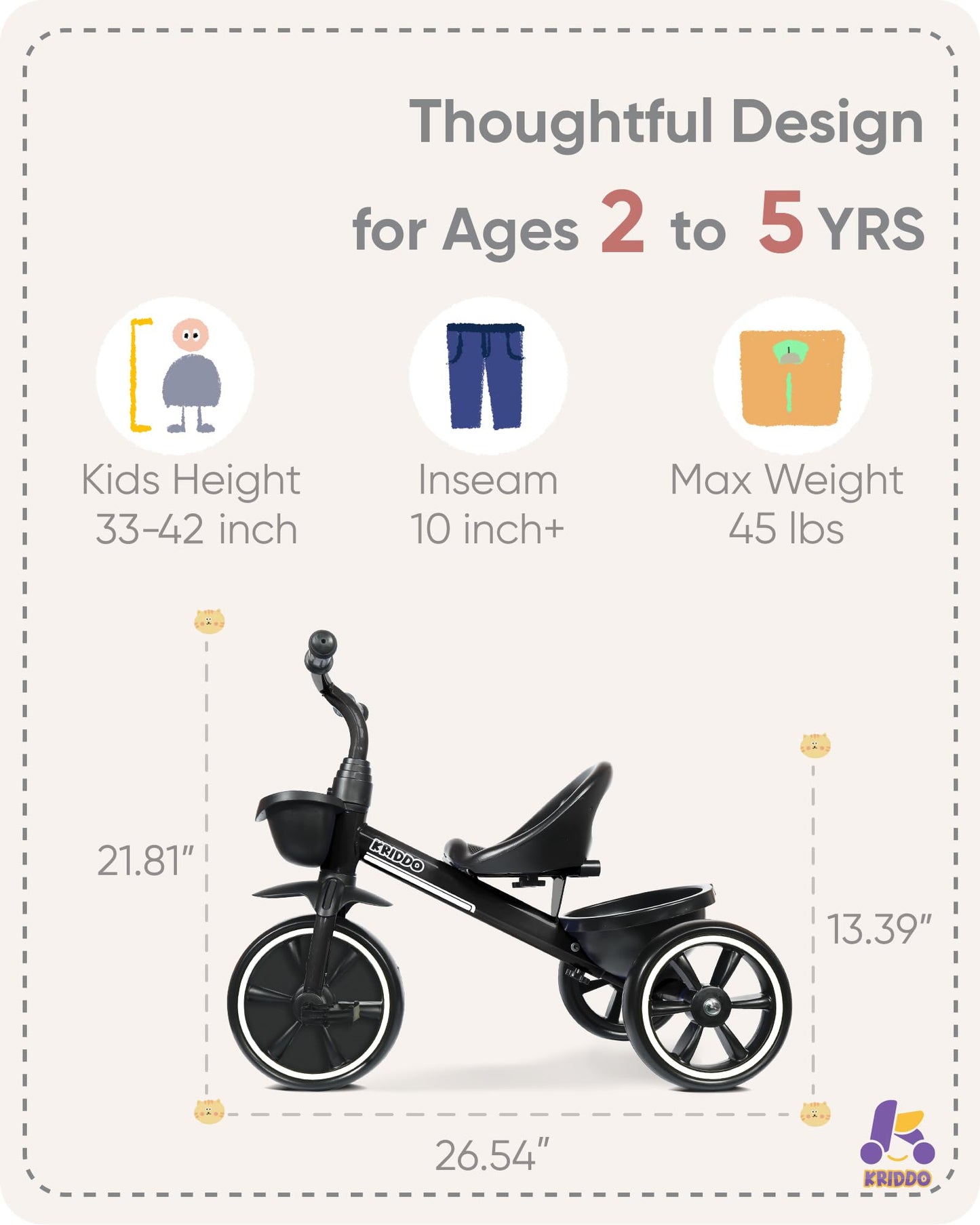 KRIDDO Toddler Tricycle — Anti-Tip Design, BPA-Free | Ages 18 Months to 4 Years | Pink