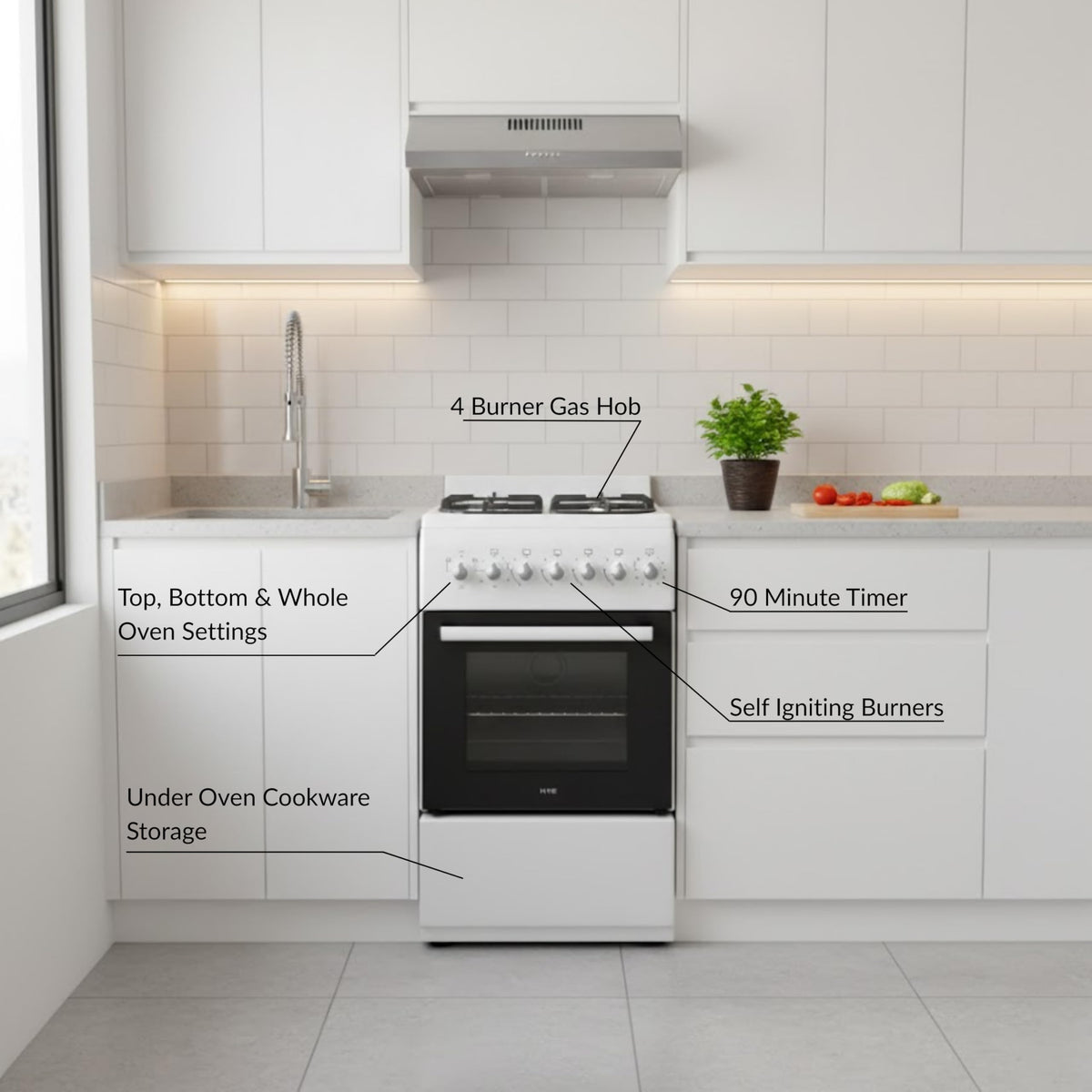 HYE Gas Cooker - Versatile 4 Burner Gas Hob, Electric Oven