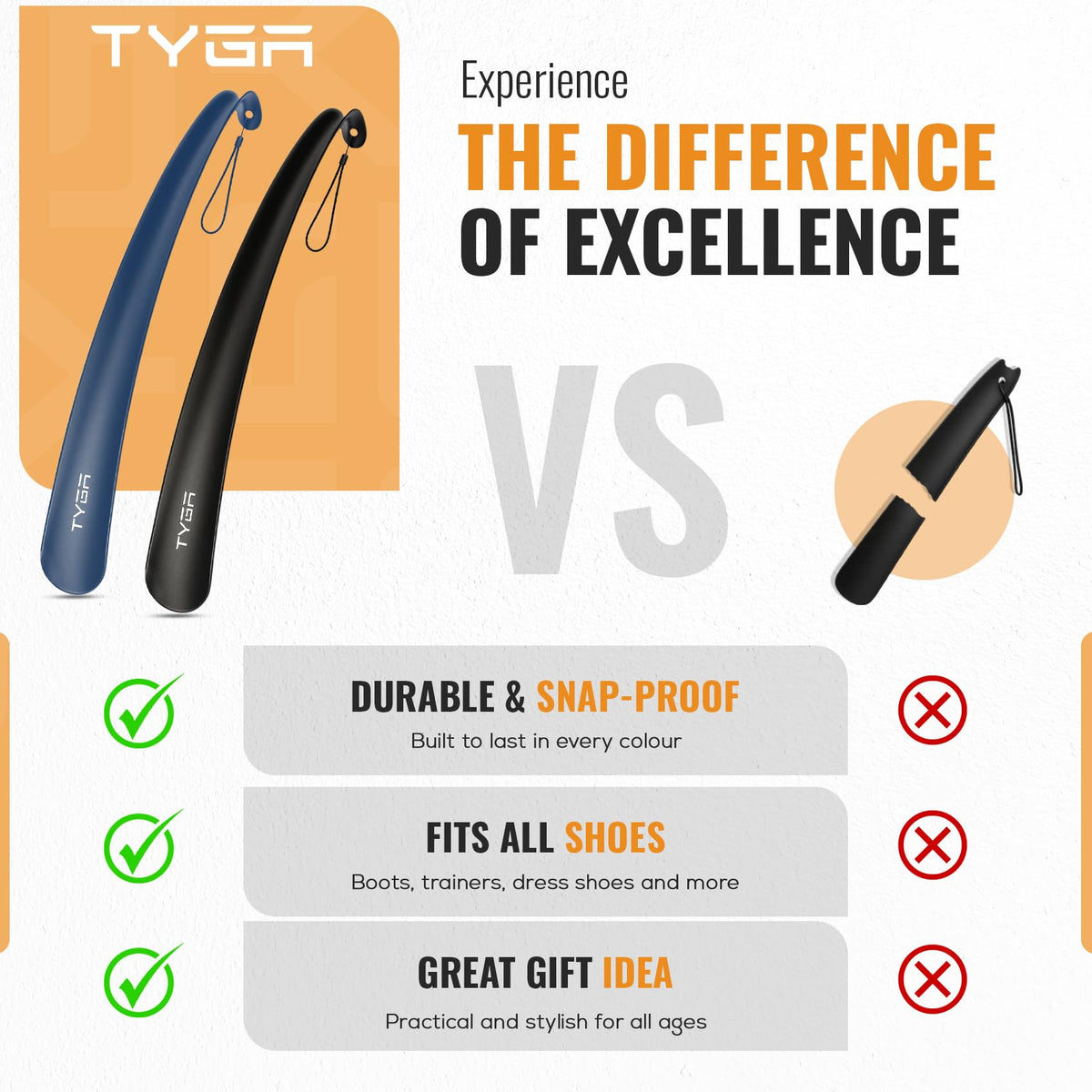 TYGA Shoe Horn Long Handled 43cm Long Shoe Horn-Plastic Shoehorn for Men, Women with Comfort Grip Long Shoe Horns-Flexible Extra Long Shoe Horn for Elderly