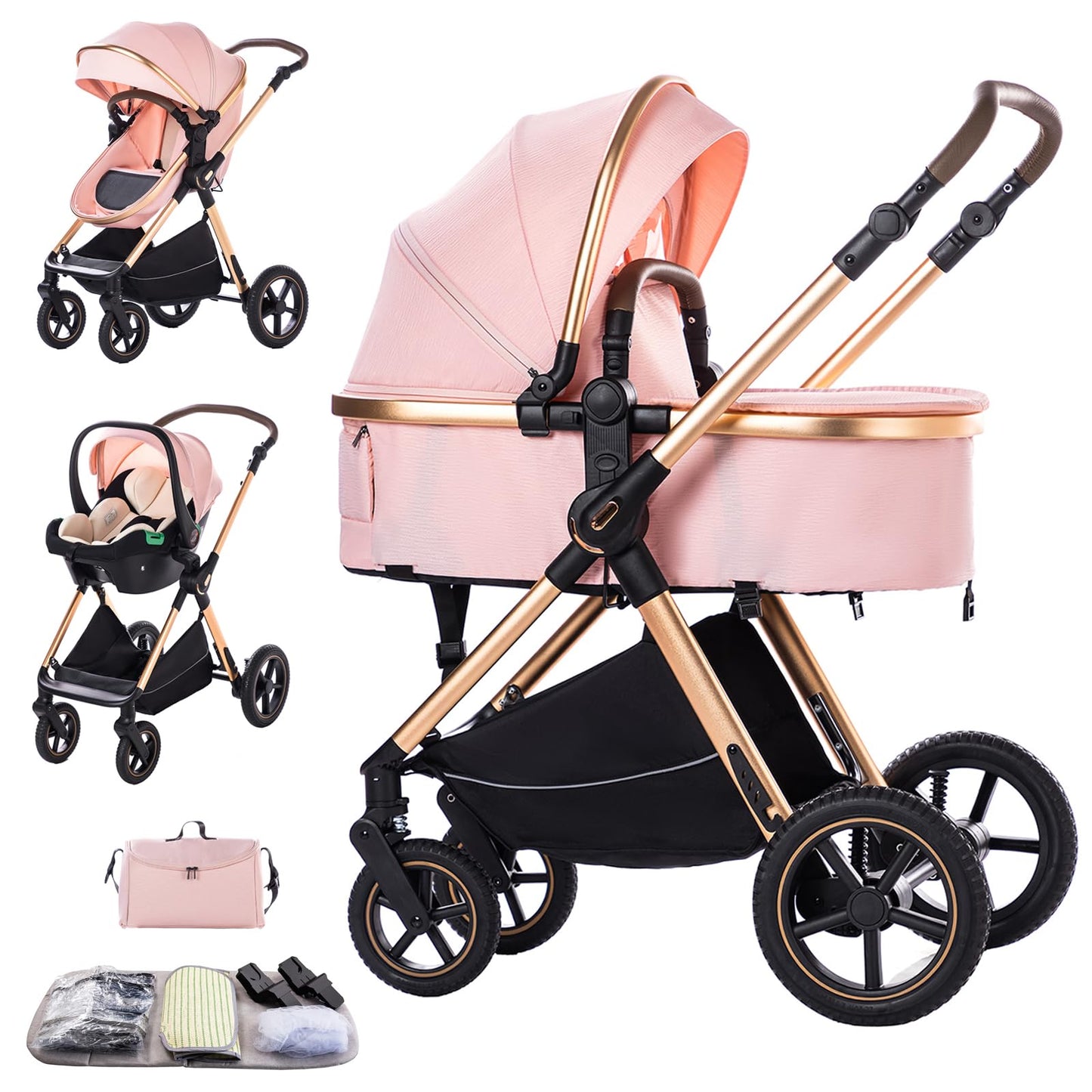 Stroller 3 in 1 Travel System Aluminium Frame High Landscape Combined Strollers Lightweight Folding Pram for Newborns Toddlers 0-36 Months from Birth Aluminium Pushchair (D2/Pink, H2-D)