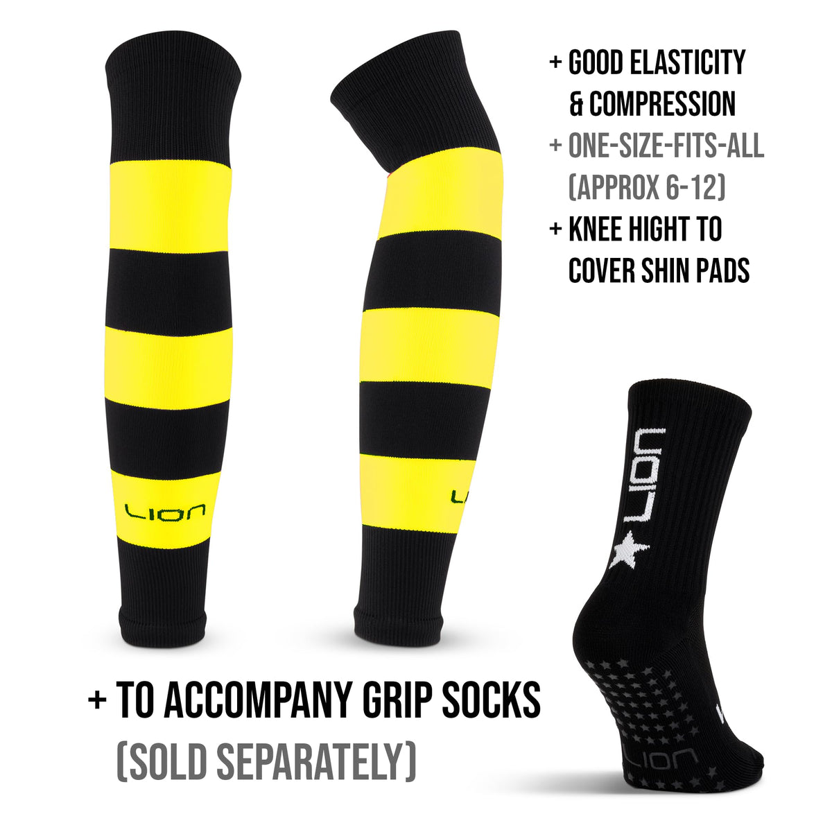 LION SPORTSWEAR Football Sock Sleeves To Accompany Grip Socks - Fits Over Calf/Shin Pads - Variety Of Colors To Match Your Team Kit