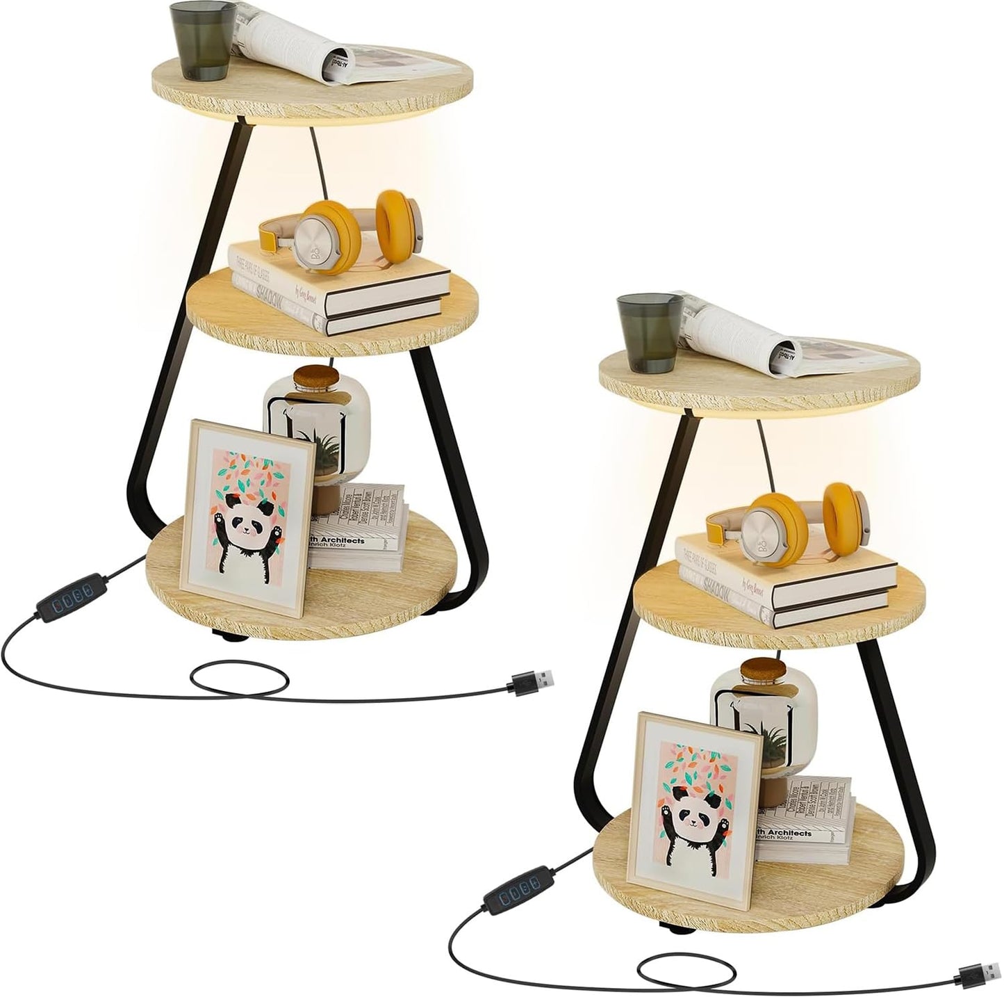 ARTETHYS Side Table, Small Round Coffee Table with 3 Color LED Lights, End Table with 3 Tier Storage Shelves, Bedside Sofa Side Tables for Living Room Bedroom, Rustic Brown