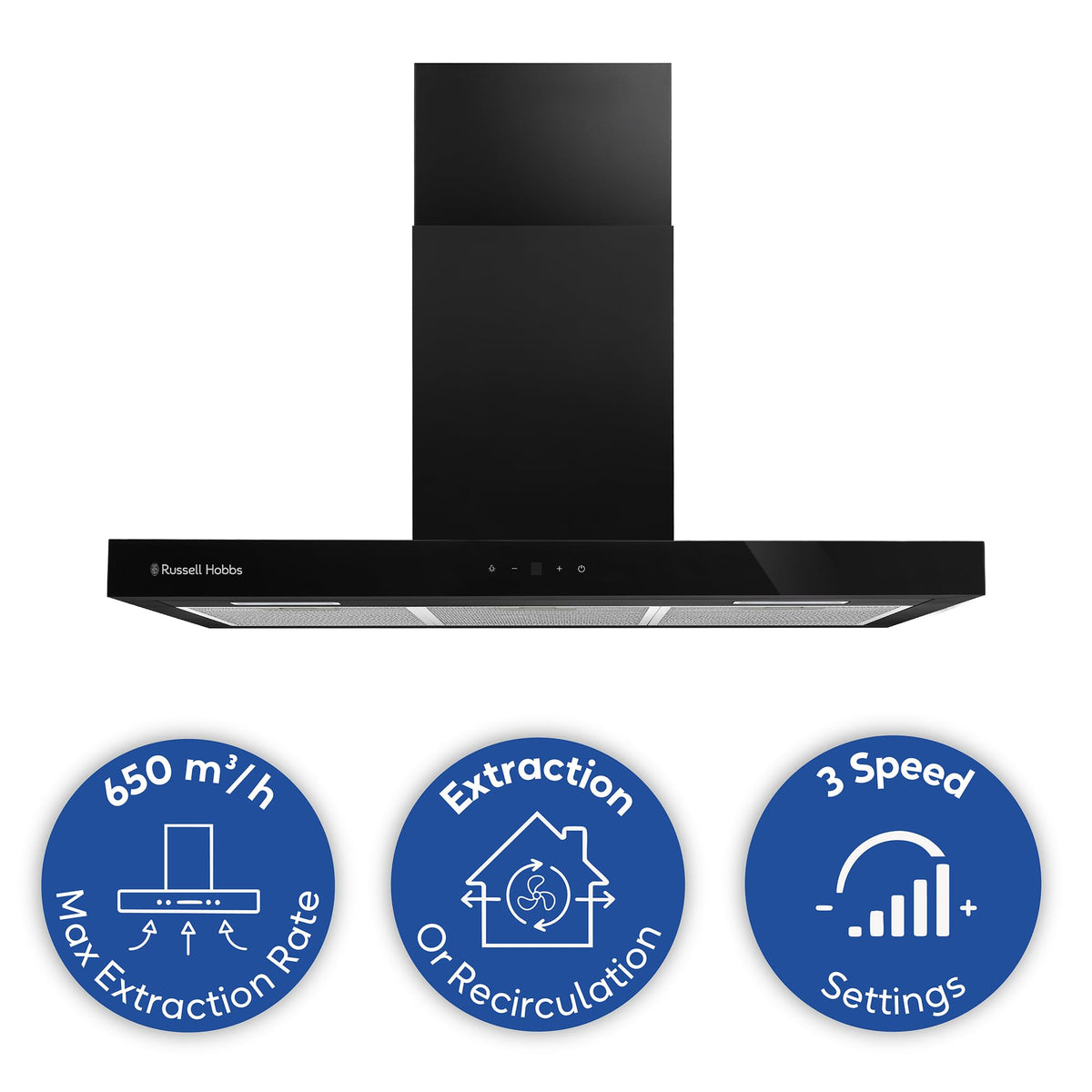 Russell Hobbs 90cm T-Shaped Cooker Hood in Stainless Steel with 3 Speed Settings, 3x Washable Aluminium Filters, Extraction or Recirculation, Boost Function, LED Lights A++ Energy Rating, RHGCH903SS