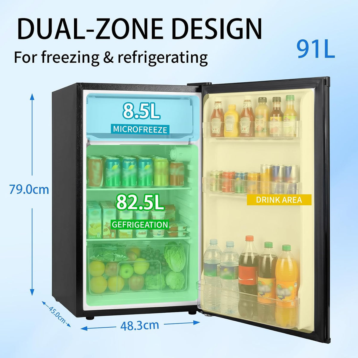 91 L Mini Fridge with Freezer, Single Door Small Refrigerator, Dorm Fridge with 7 Adjustable Thermostat, Energy Saving, Low Noise, Compact Refrigerator for Office, Bedroom, Dorm, Black