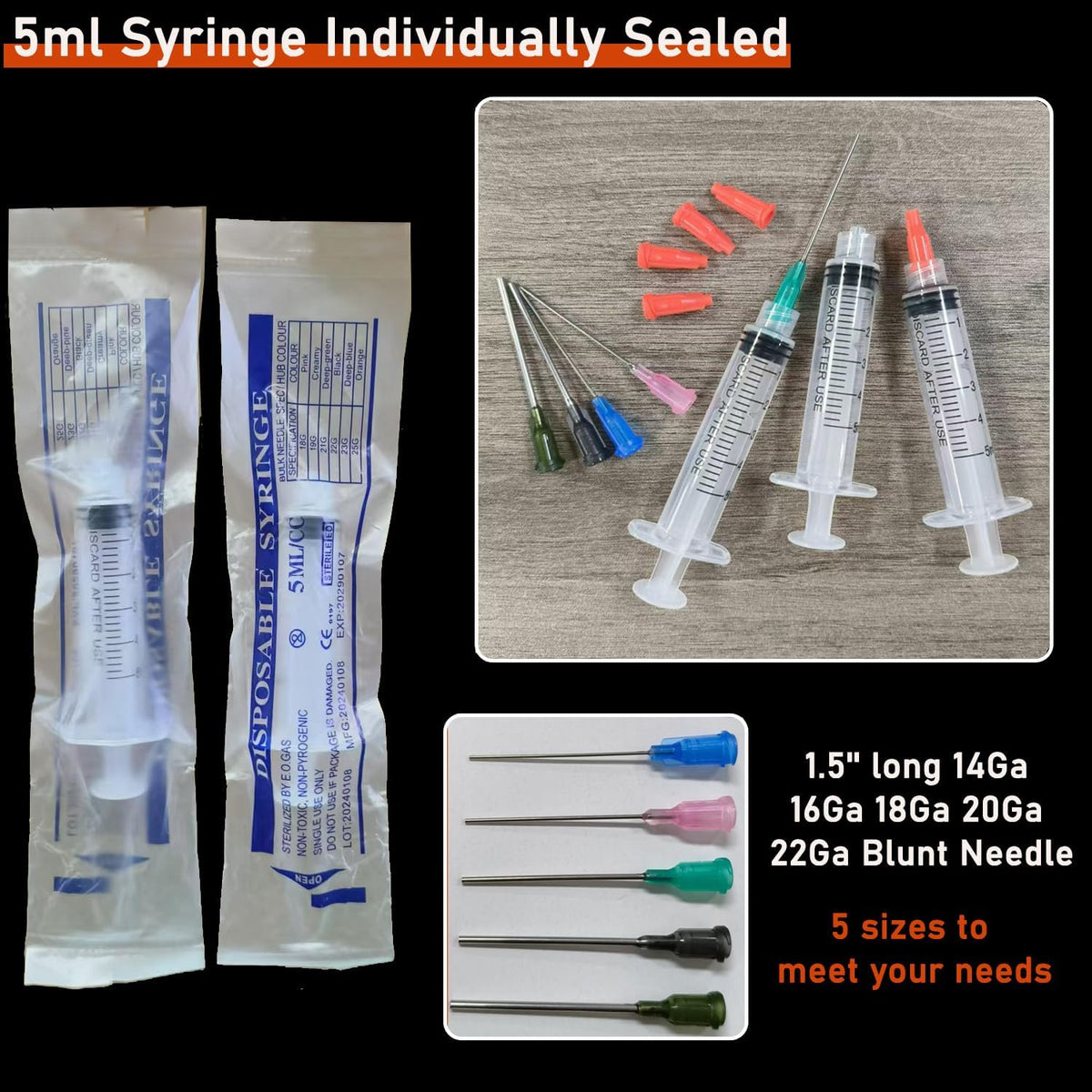 5Pack 5ml Ink Filling Syringe Luer Lock Plastic Syringes with Cap