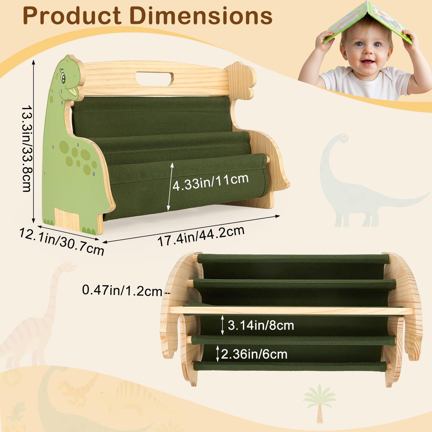 MHJY Kids Bookshelf – Wooden Double-Sided Sling Book Rack with Canvas Storage, Toddler Bookcase for Nursery, Bedroom, Playroom – Montessori Style Children’s Book Organiser