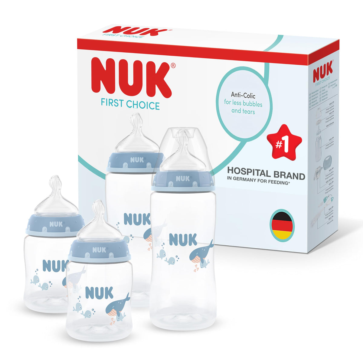 NUK First Choice+ Baby Bottles Set | 0-6 Months | Temperature Control | Anti Colic Vent | 300 ml | BPA-Free | Silicone Teat | 3 Count | Safari