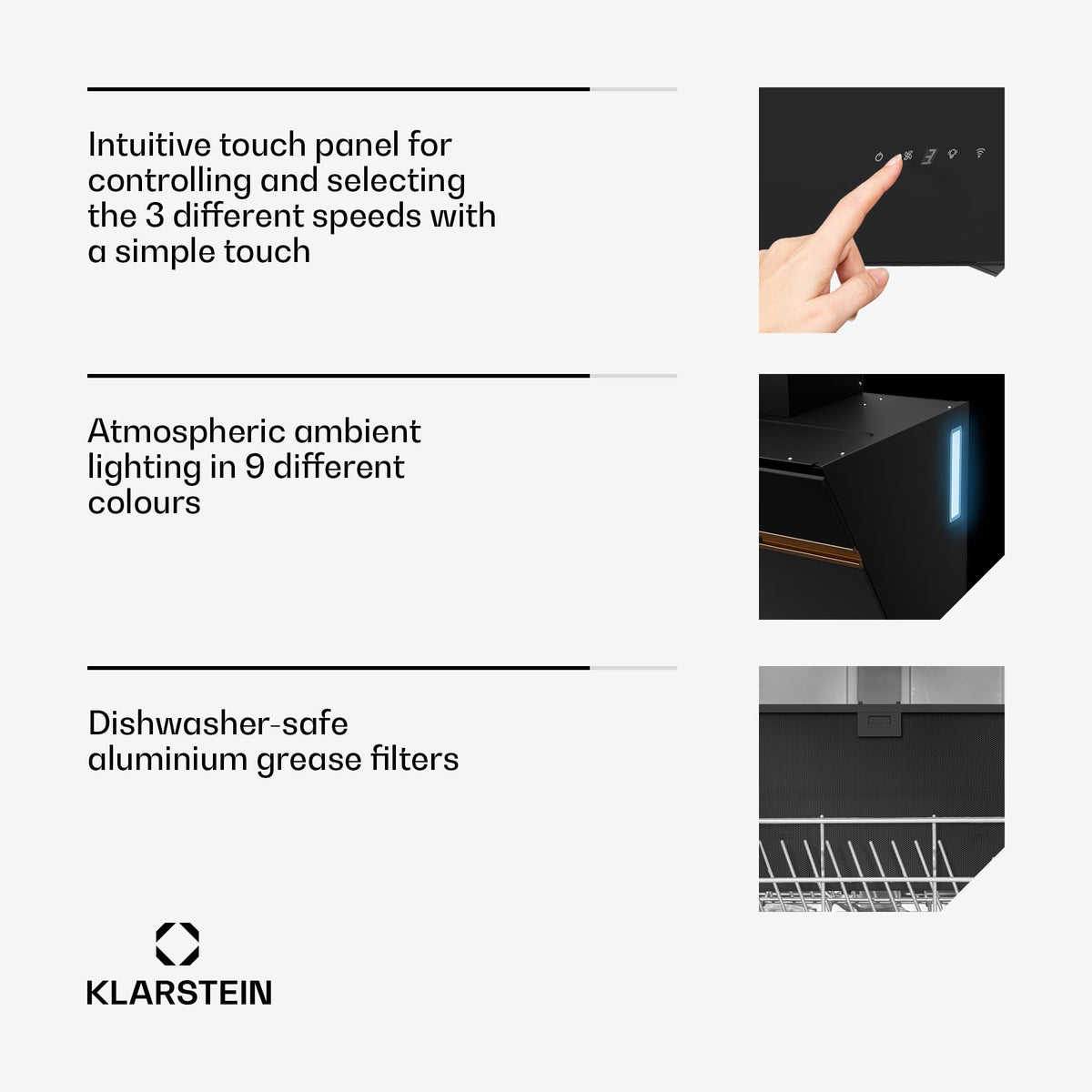 Klarstein Alina 90 Angled Cooker Hood - 615m³/h Air Flow, Touch Panel, LED Backlighting, Quiet 63dB, Energy Class A, 90cm Extractor Hood, Black