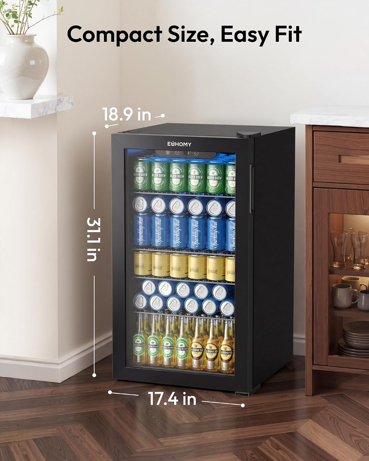 EUHOMY 93L Drinks Fridge, 126 Can Beer Fridge with Glass Door, Wine fridge with Adjustable Shelves for Soda Beer or Wine, Home/Bar/Office, Black, Steel, One-Touch Control [Energy Class F]