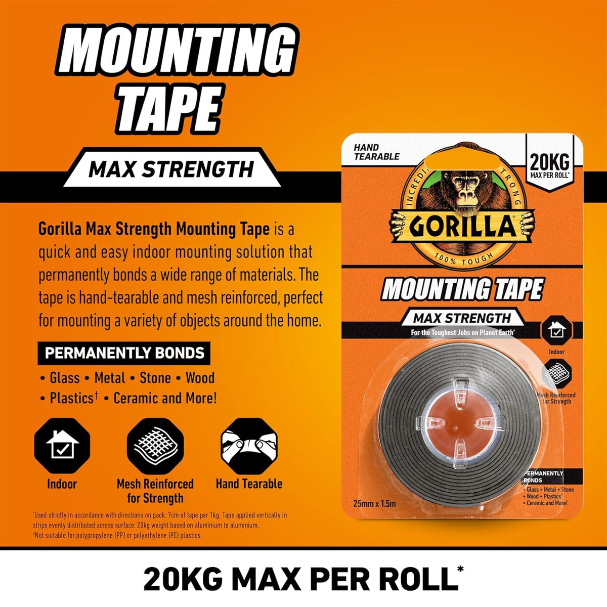 Gorilla Double Sided Mounting Tape Clear 1.5m, Pack of 1