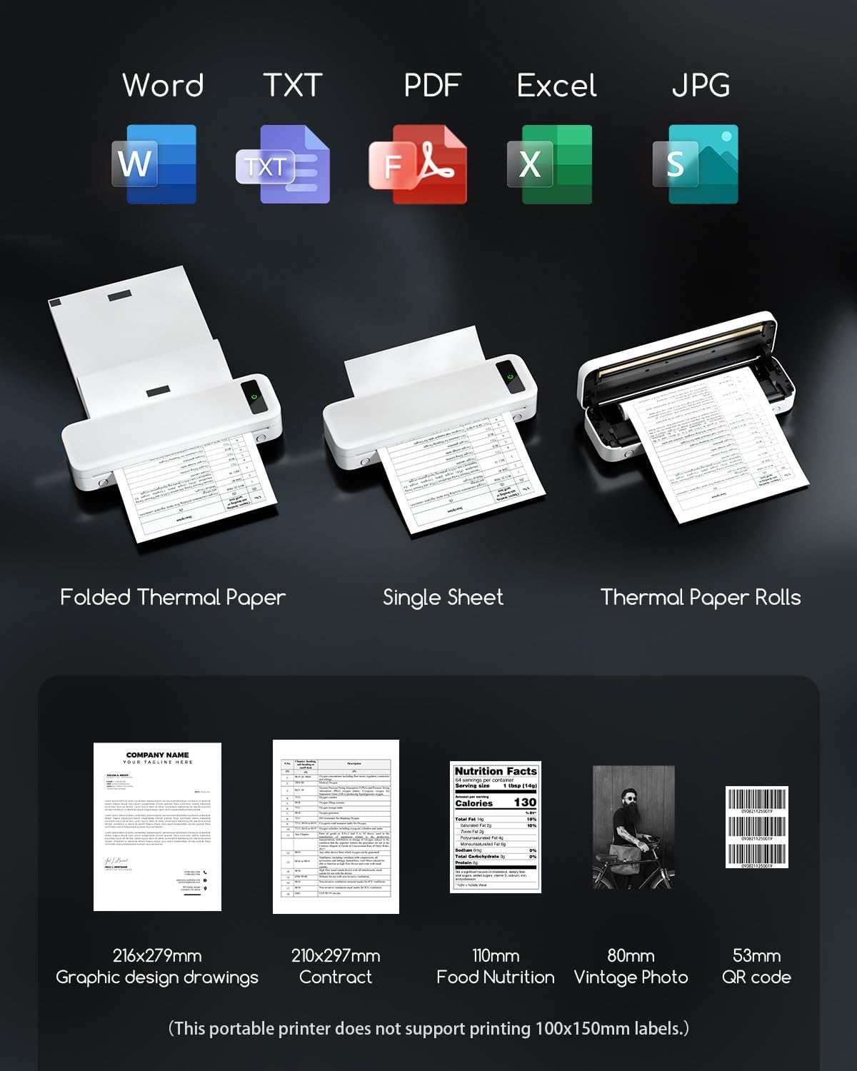 Portable Thermal Printer A4 Inkless Wireless Bluetooth Small Mobile - Black