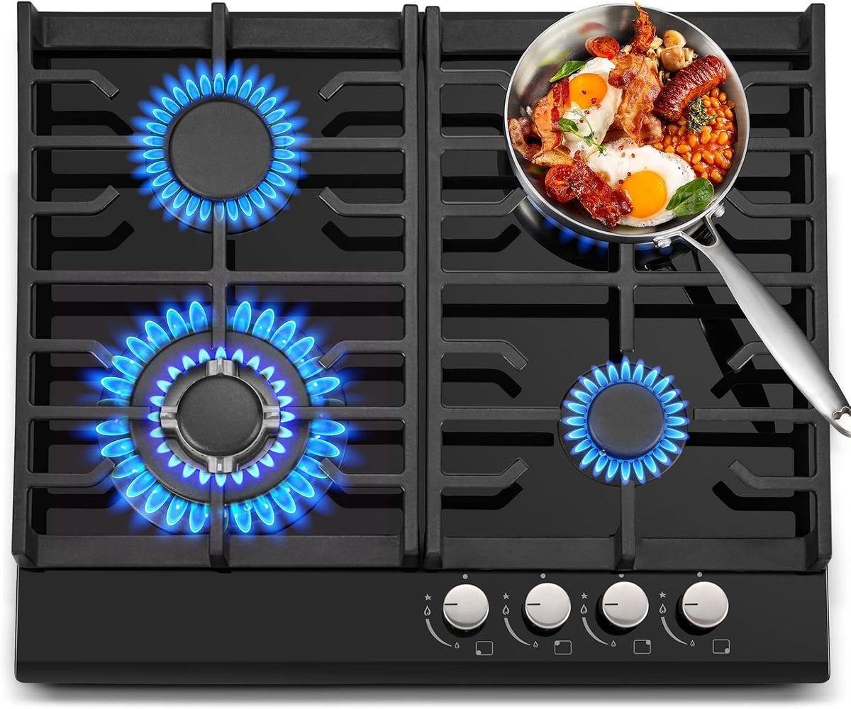 TopStrong Gas Hob 4 Burners, 60cm Black Glass Built-in Cooktop with 8060W Wok Burner & Thermocouple Protection, Natural Gas & LPG Compatible