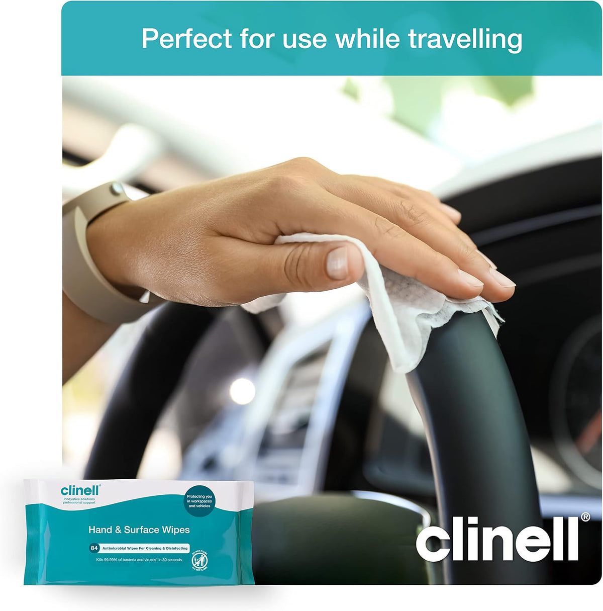 Clinell Antimicrobial Hand Wipes for Cleaning & Disinfecting - Sanitising Wipes, Ideal for Travel - Dermatologically Tested, Kills 99.99% of Bacteria & Viruses - 84 Wipes