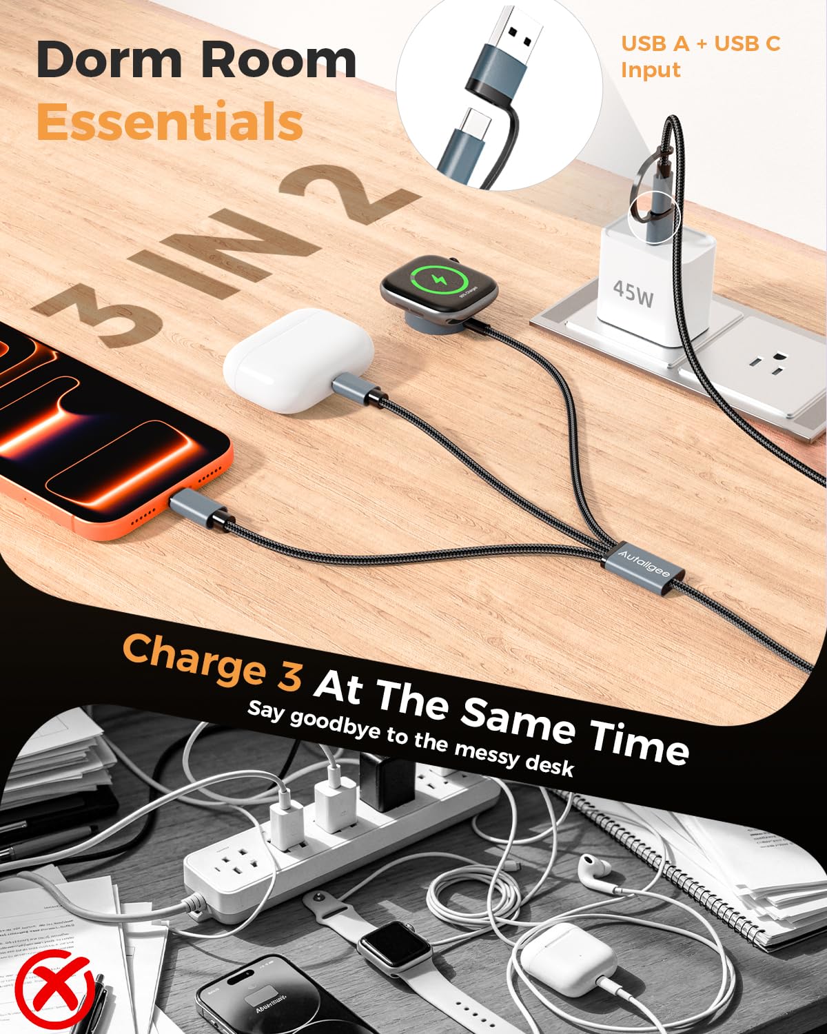 Upgraded 3 in 2 Apple Watch Charger iPhone Charger Cable Travel Essentials