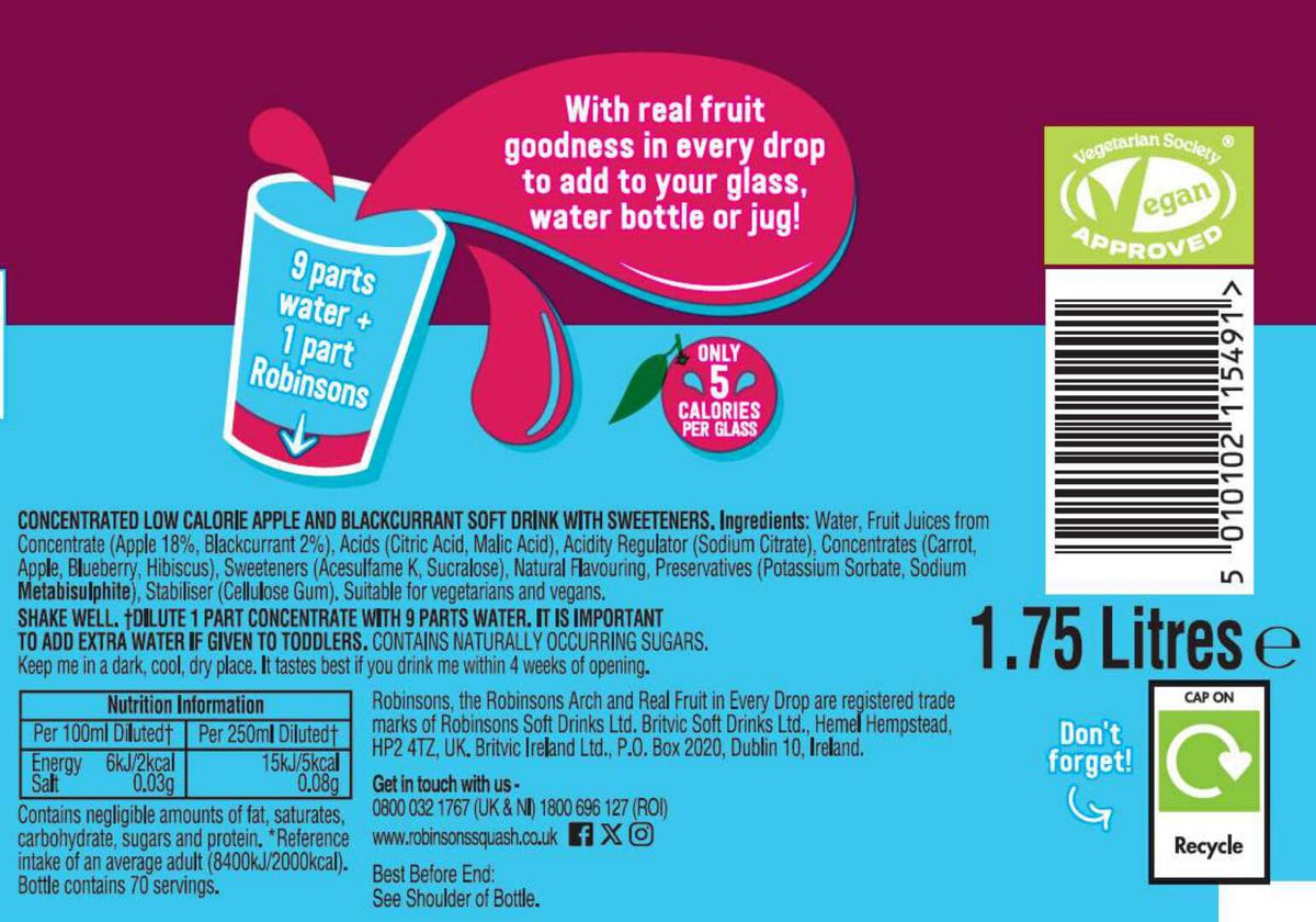 Robinsons Fruit Squash - Low Calorie - Double Strength - Orange 1.75 Litre