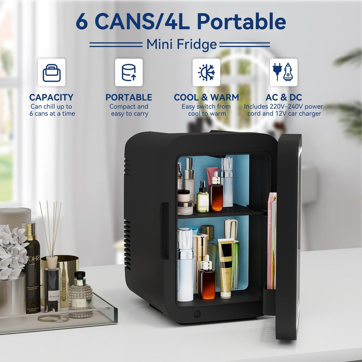 4 Liter Mini Fridge with Dimmable LED Mirror, AC/DC Skincare Fridge