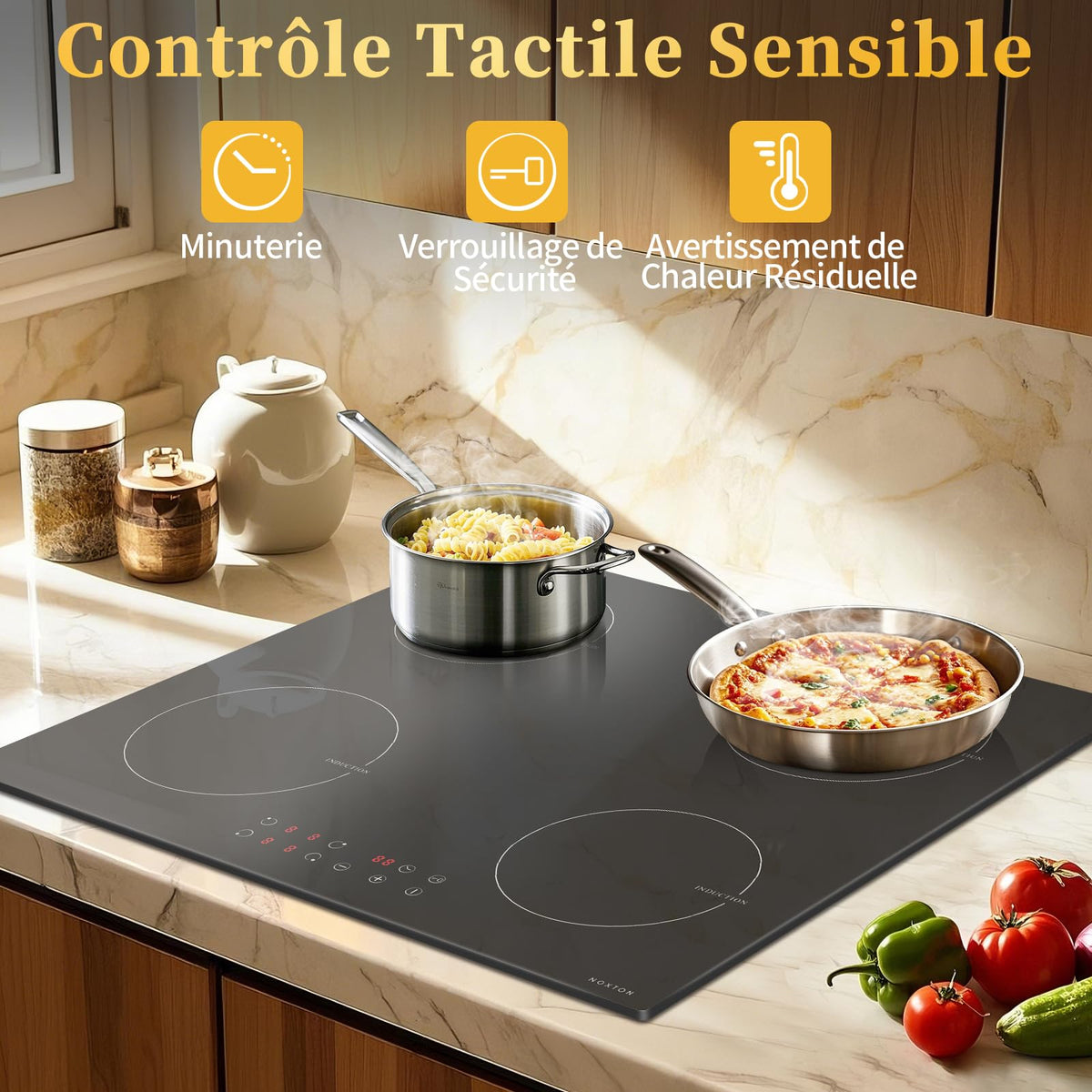 Noxton Plug in Induction Hob, 4 Zones Electric Hob 60cm, Touch Control with Child Safety Lock,UP to 99 Min Timer Black Crystal Glass